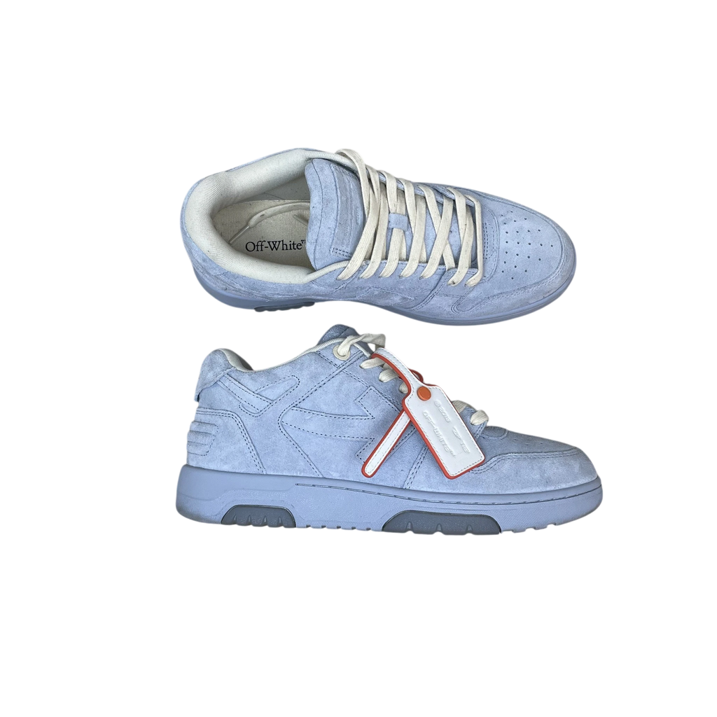 Zenno Archive Off-White Out Of Office light blue suede sneakers with signature zip tie tag on a textured background