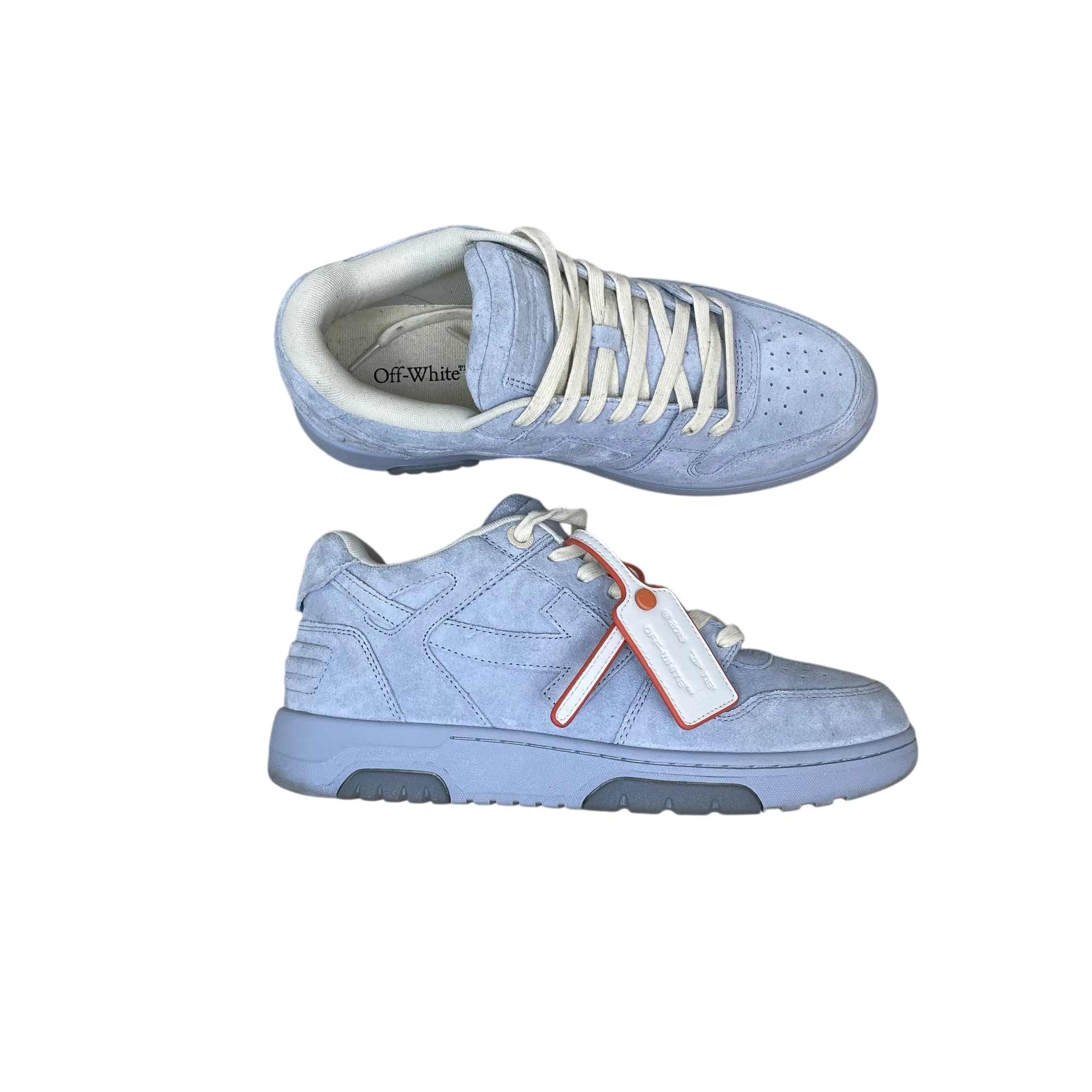Zenno Archive Off-White Out Of Office light blue suede sneakers with signature zip tie tag on a textured background