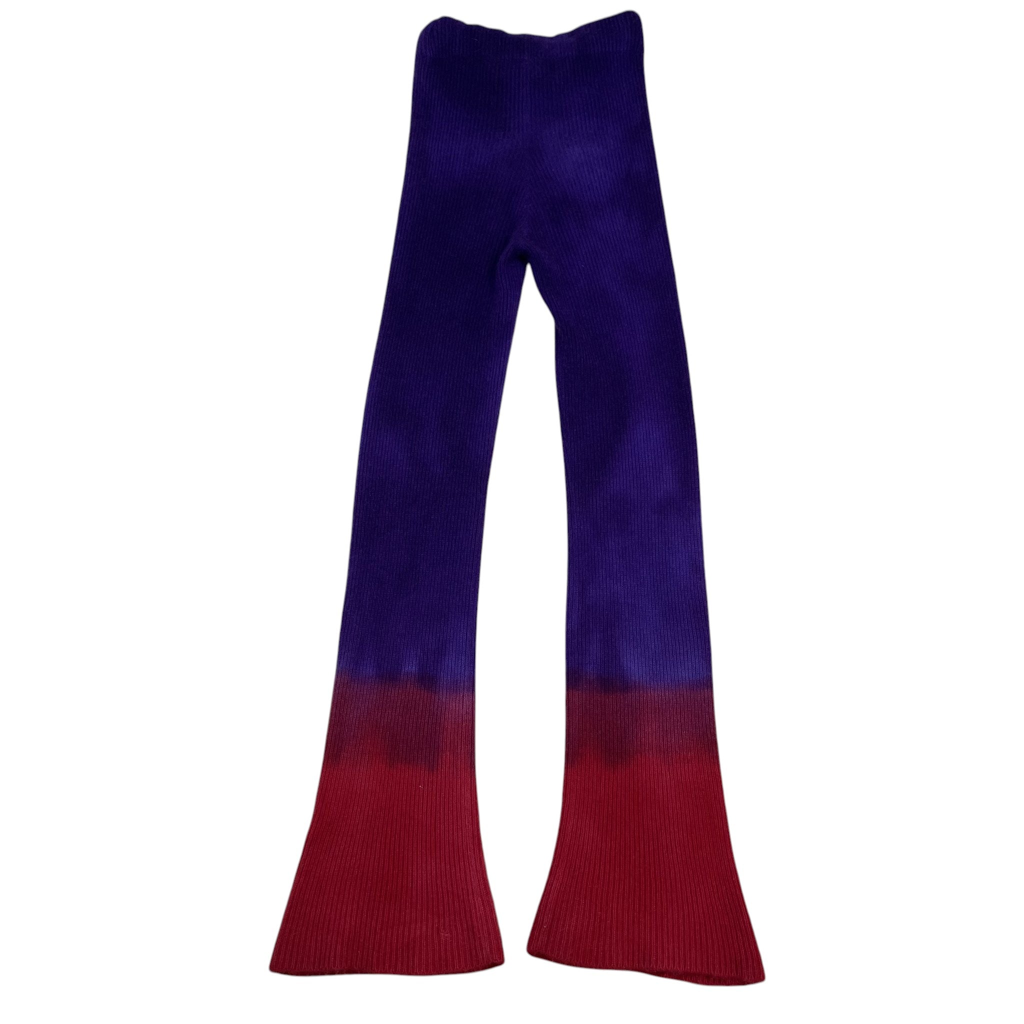 Zenno Archive The Elder Statesman cashmere pants featuring a purple to red ombré gradient and ribbed knit texture.