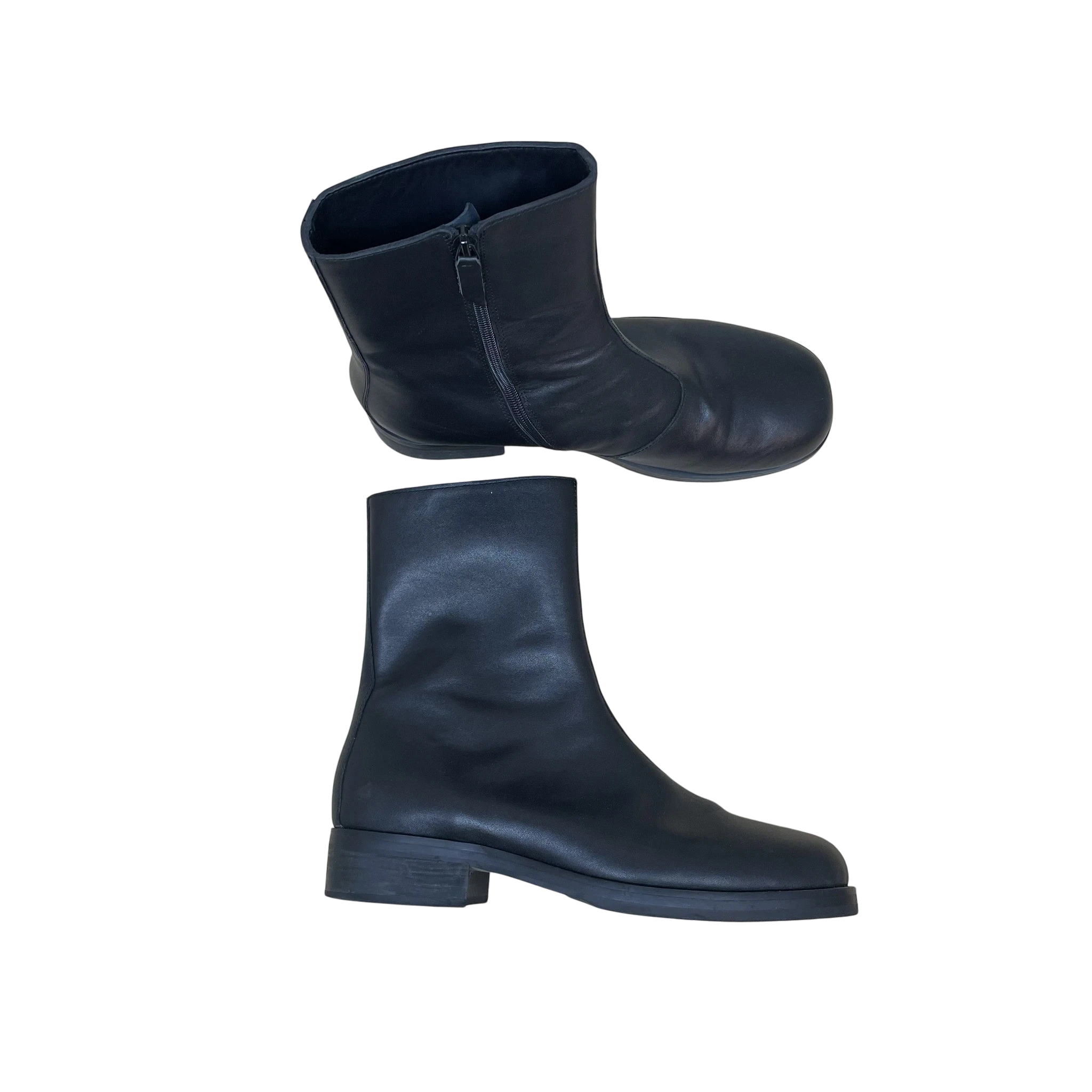 Zenno Archive Our Legacy Camion black leather boots with side zip closure and low block heel