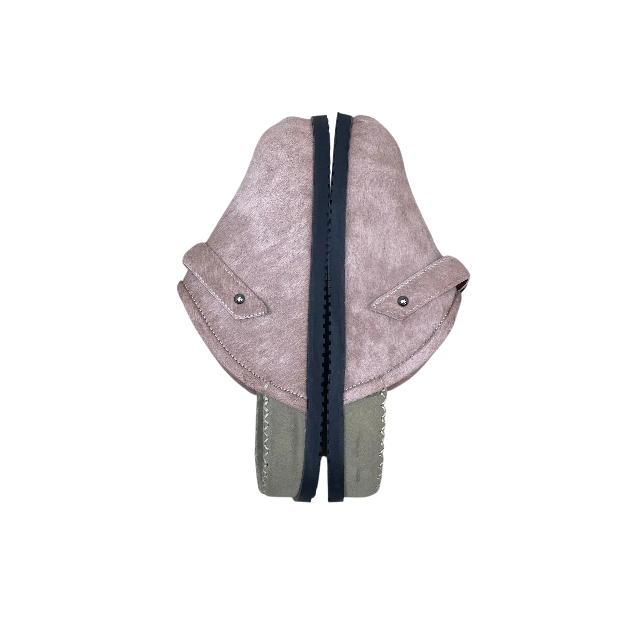 Zenno Archive Roost cowhide slippers in pink with a black sole, shown from a top-down view.