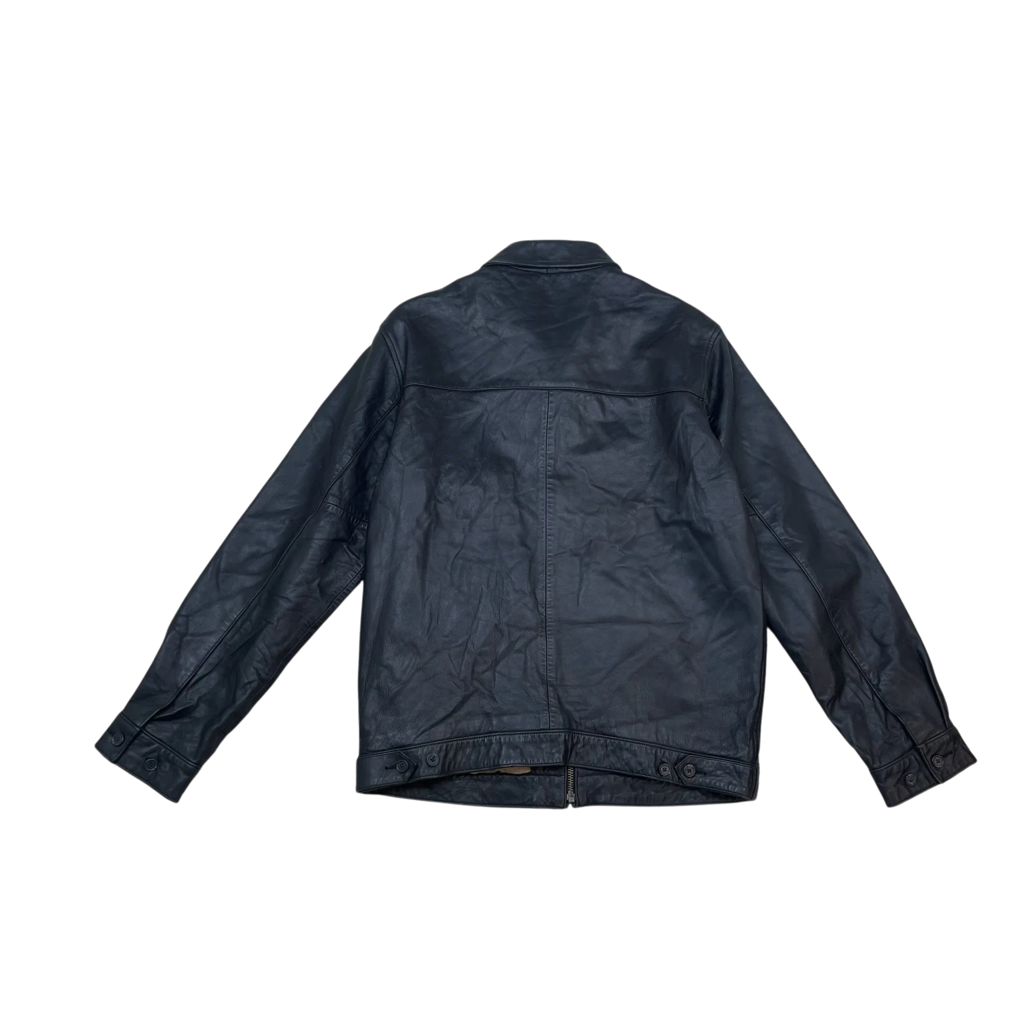 Zenno Archive vintage Polo Ralph Lauren 90s black leather jacket, back view with classic collar and button cuffs.