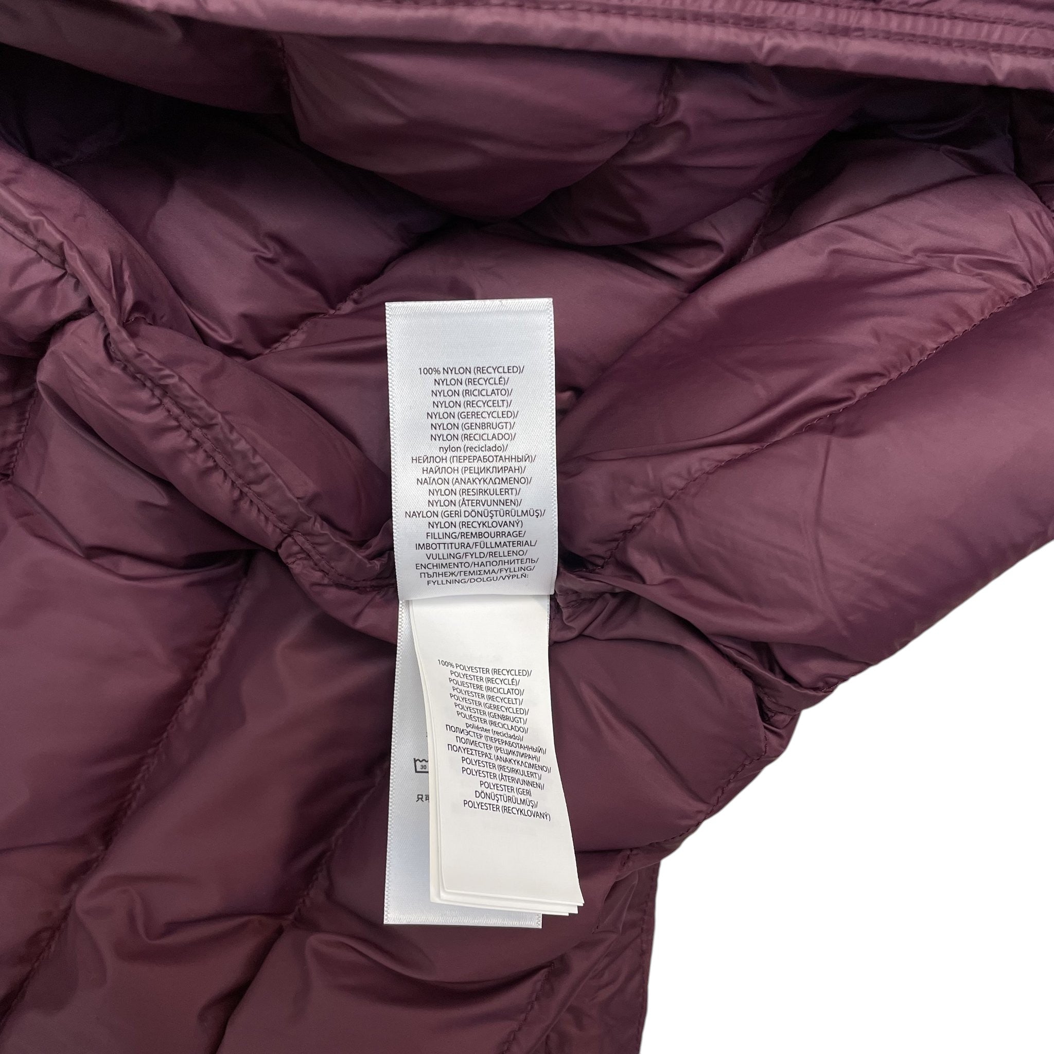Zenno Archive Polo Ralph Lauren burgundy down puffer jacket interior care label showing recycled nylon material