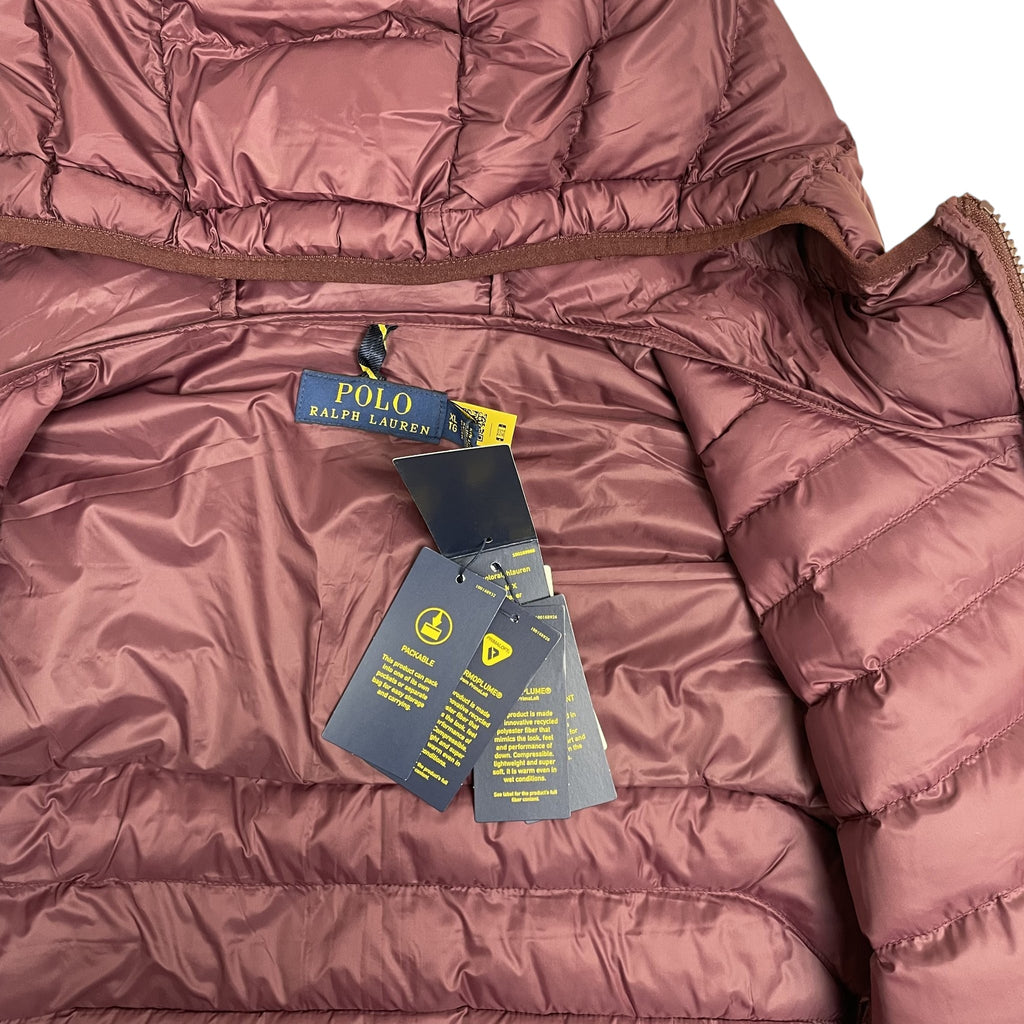 Zenno Archive Polo Ralph Lauren burgundy down puffer jacket with hood and original product tags attached