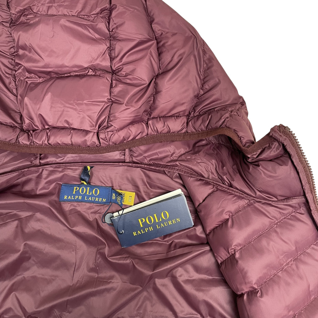 Zenno Archive Polo Ralph Lauren burgundy down puffer jacket with hood and brand tags attached
