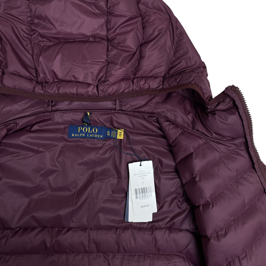 Zenno Archive Polo Ralph Lauren burgundy down puffer jacket with hood and internal brand label