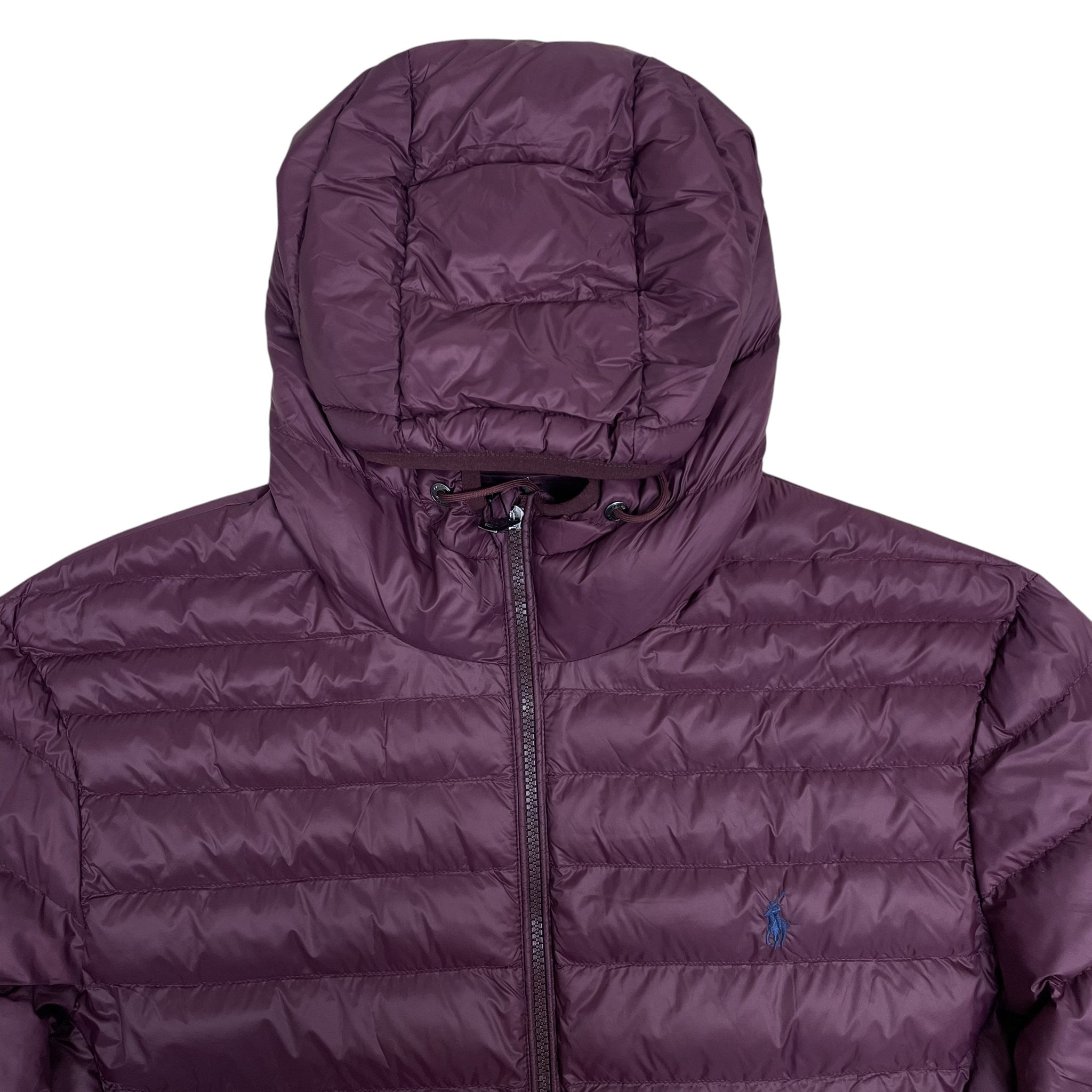 Zenno Archive Polo Ralph Lauren burgundy down puffer jacket with a hood and embroidered logo on the chest