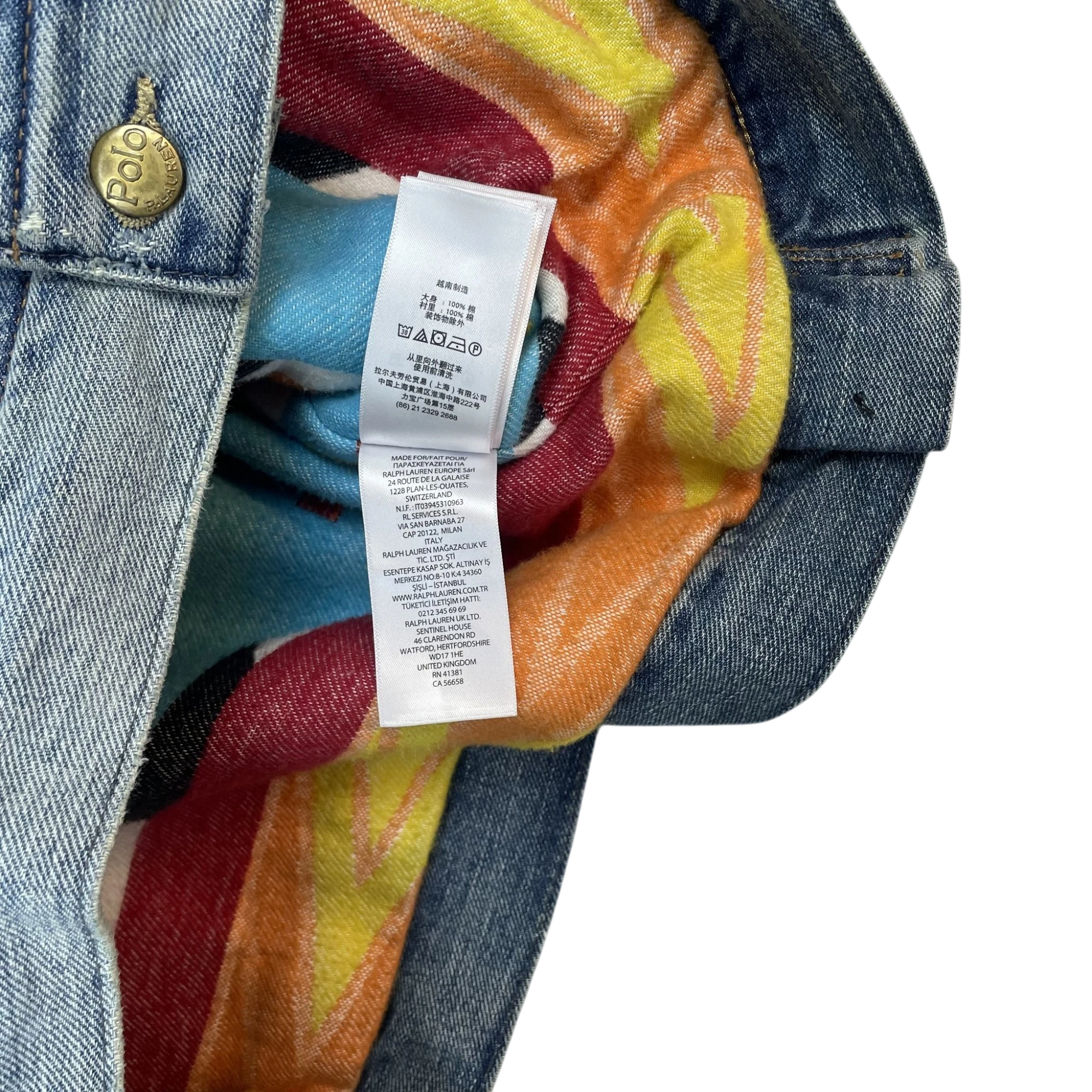 Zenno Archive Polo Ralph Lauren x Naiomi denim trucker jacket interior care label with colorful patterned lining