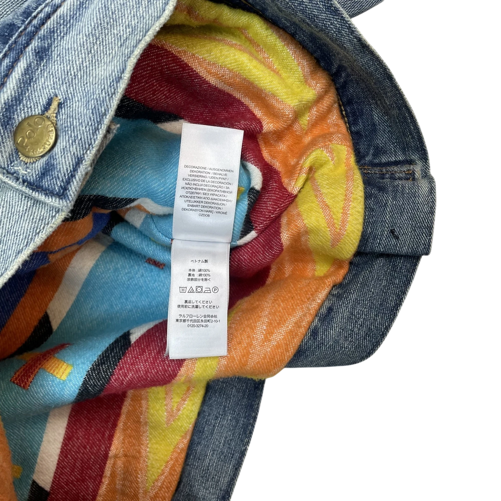 Zenno Archive Polo Ralph Lauren x Naiomi Glasses denim trucker jacket interior with colorful patterned lining