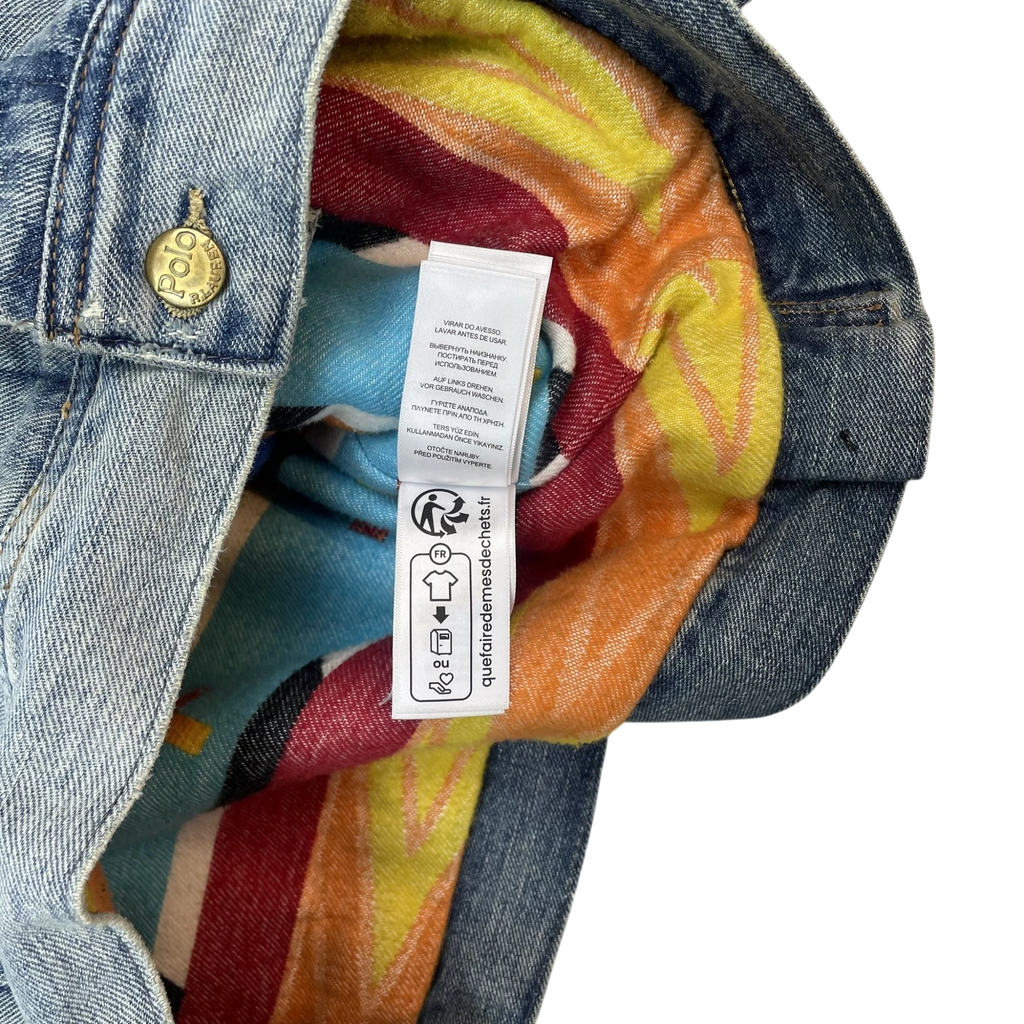 Zenno Archive Polo Ralph Lauren x Naiomi denim trucker jacket interior with colourful striped lining and care label