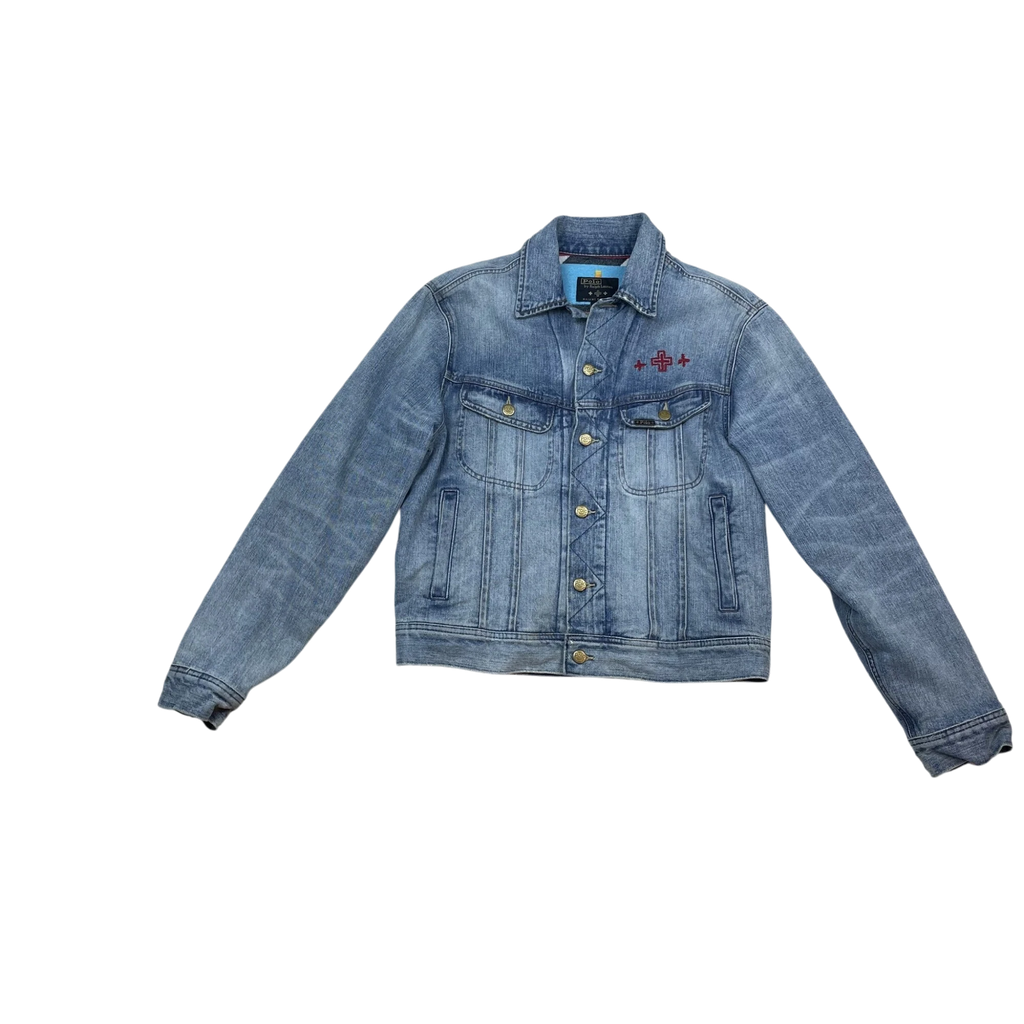 Zenno Archive Polo Ralph Lauren x Naiomi blue denim trucker jacket with red cross embroidery and glasses lining