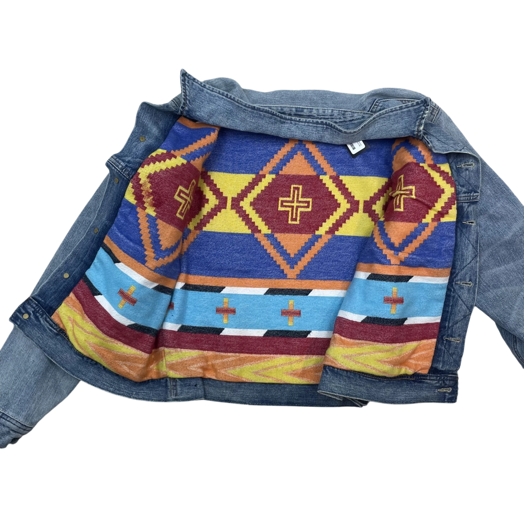 Zenno Archive Polo Ralph Lauren x Naiomi denim trucker jacket featuring a vibrant Southwestern patterned lining