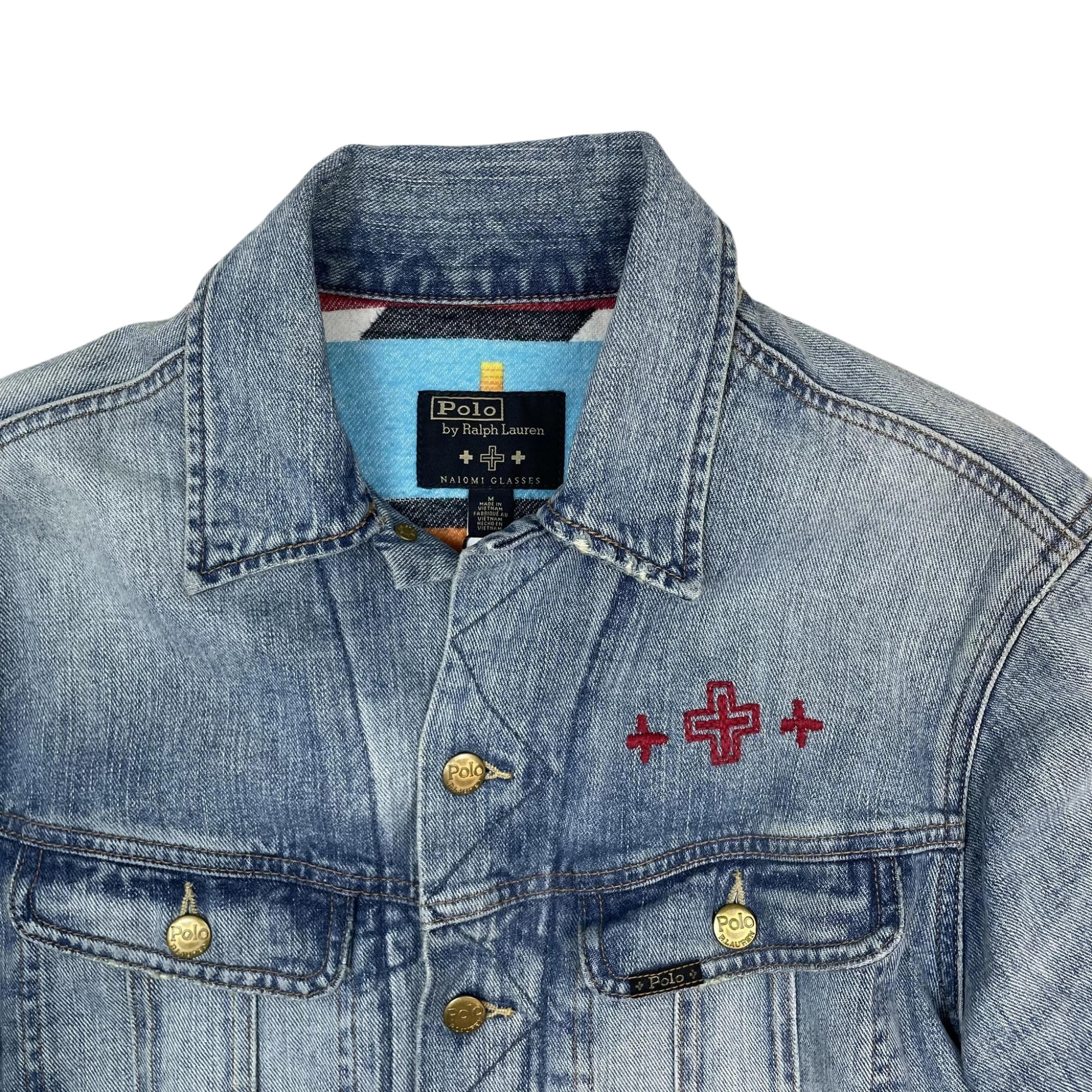 Zenno Archive Polo Ralph Lauren x Naiomi Glasses denim trucker jacket with red cross embroidery and patterned lining
