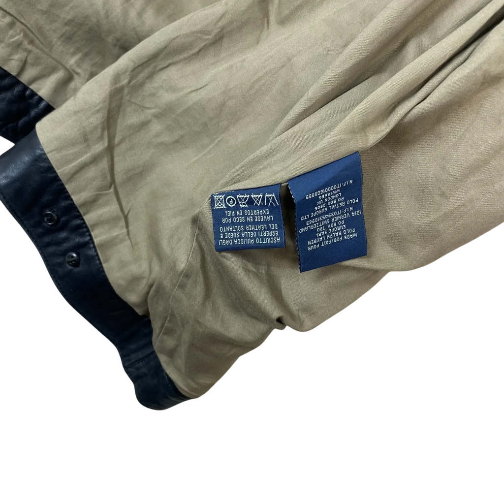Zenno Archive Polo Ralph Lauren 90s black leather jacket interior care label and beige lining