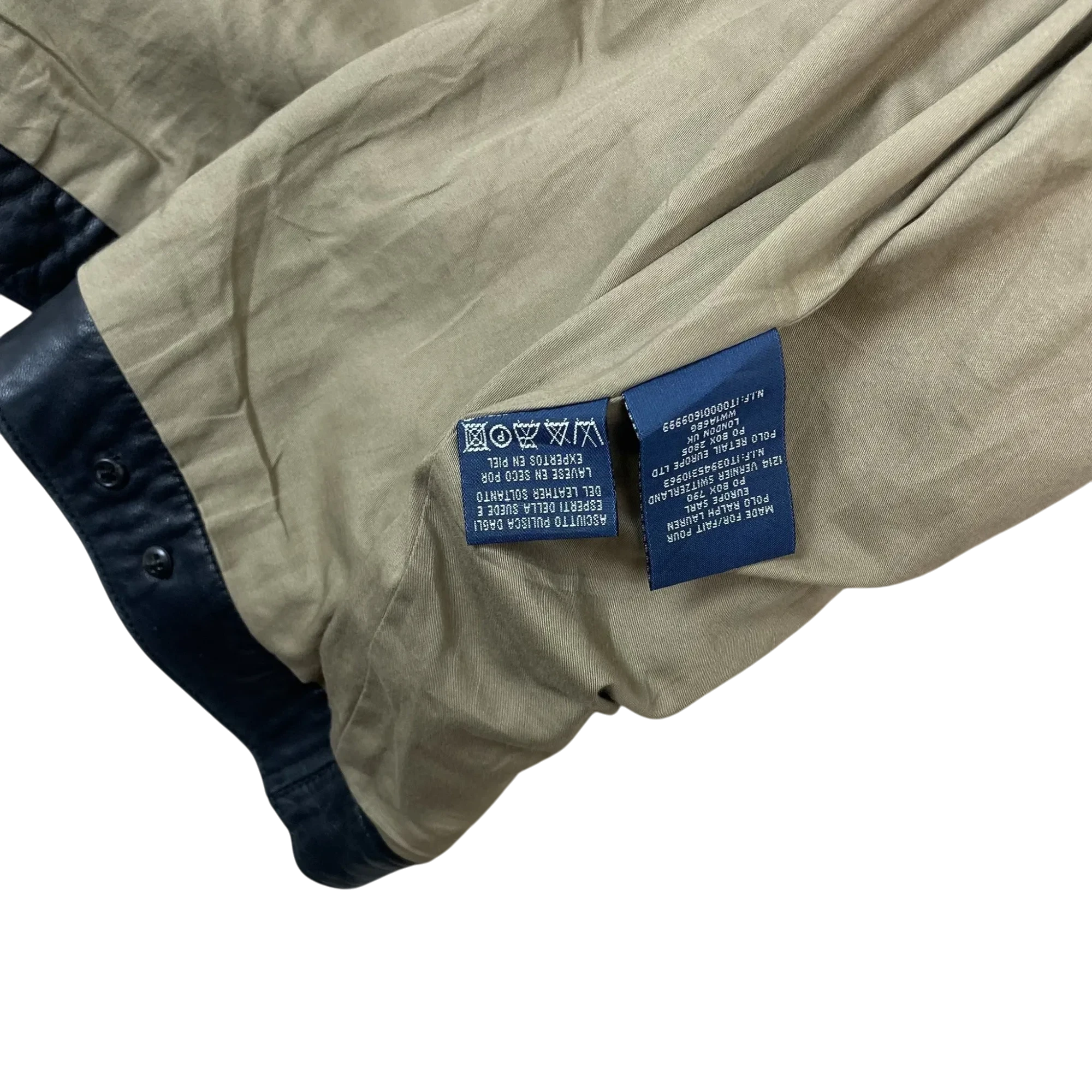 Zenno Archive Polo Ralph Lauren 90s black leather jacket interior care label and beige lining