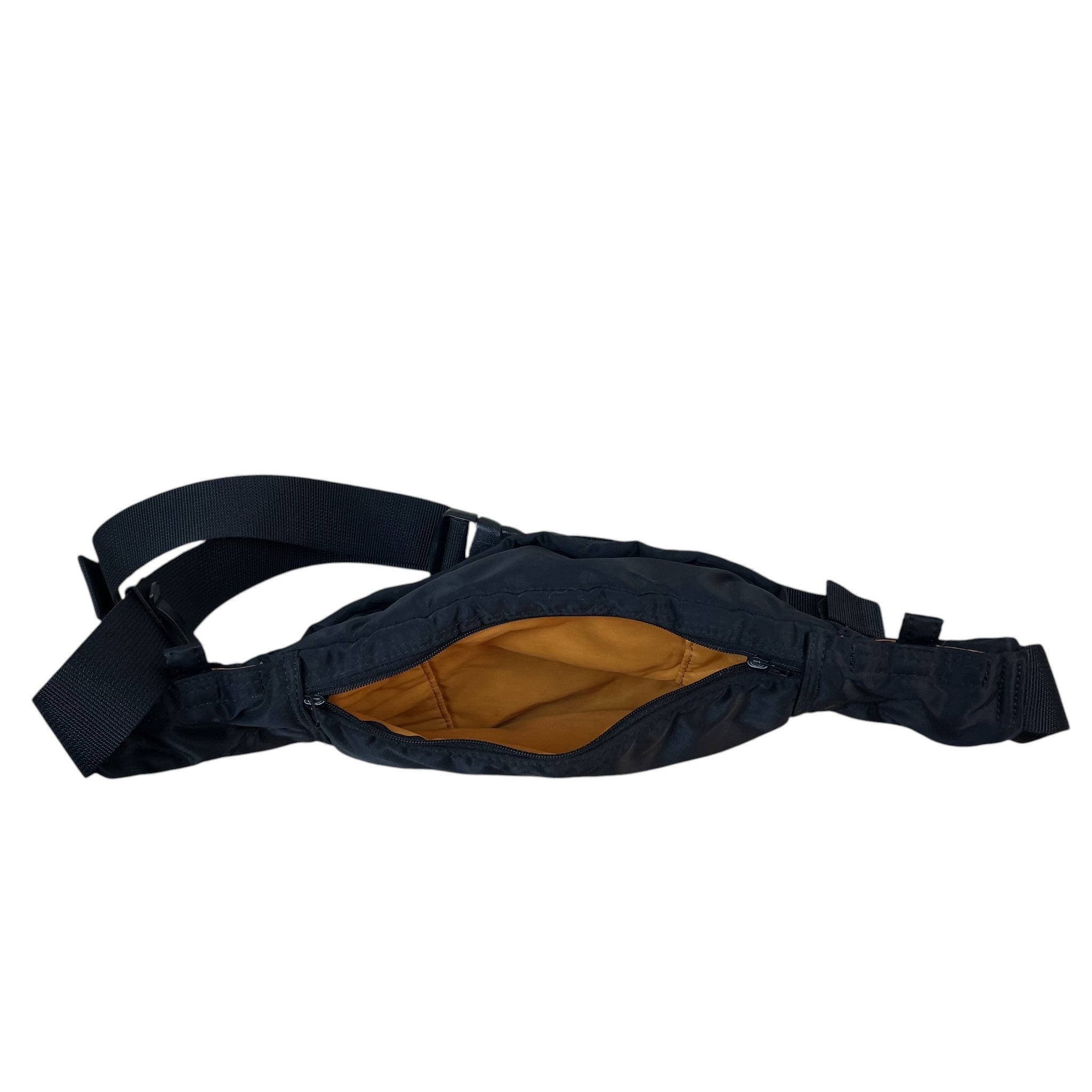 Zenno Archive Porter Nylon Tanker waist bag in black with a contrasting orange interior lining