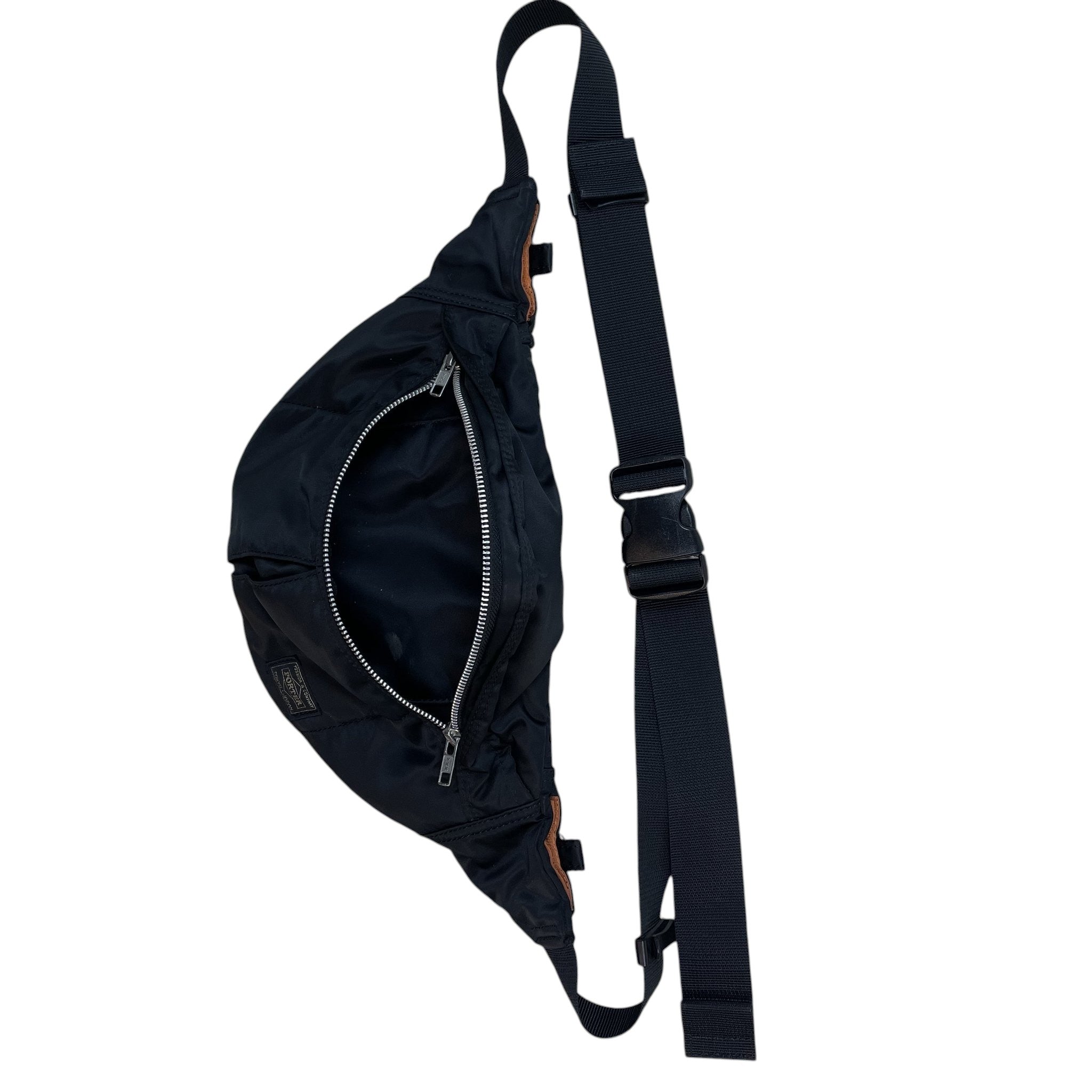 Zenno Archive Porter Nylon Tanker waist bag in black with a silver zipper and adjustable buckle strap.