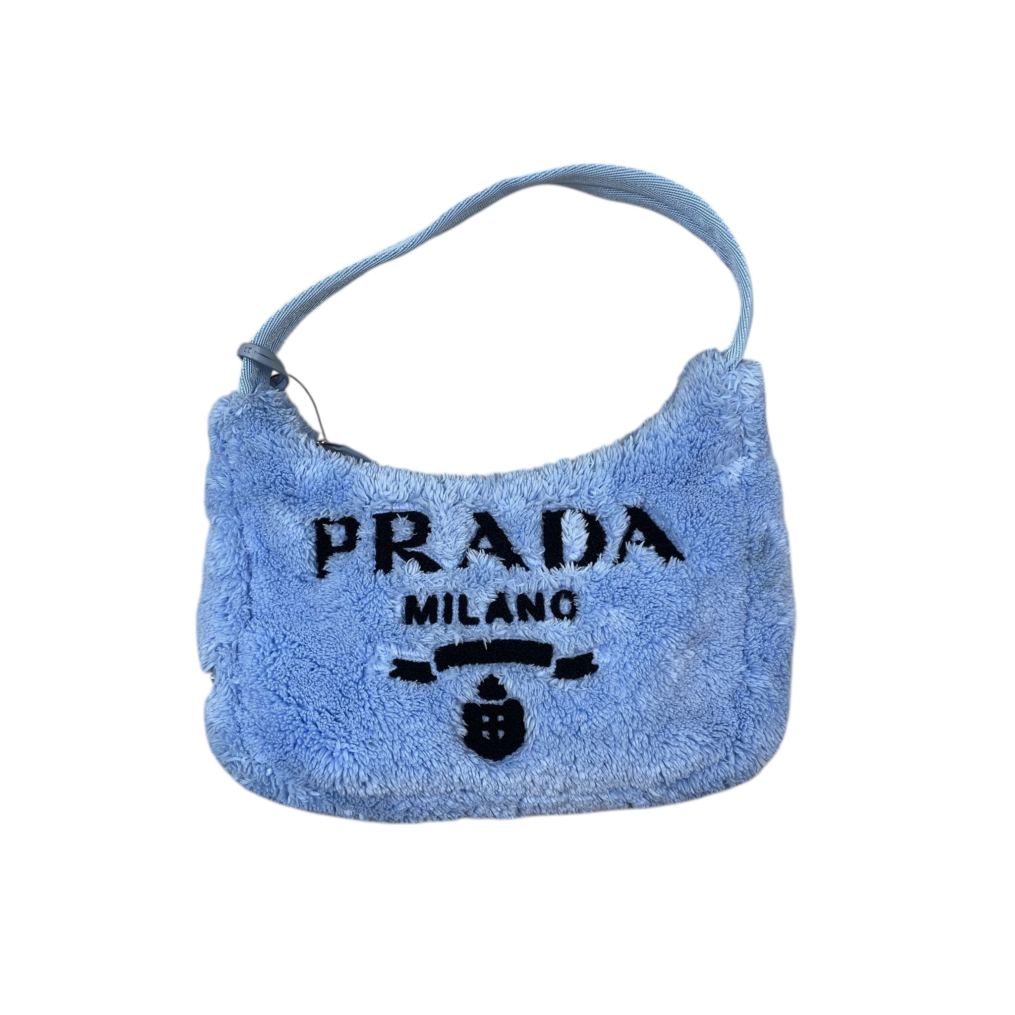 Zenno Archive Prada Re-Edition 2000 mini bag in baby blue terry cloth with black embroidered logo
