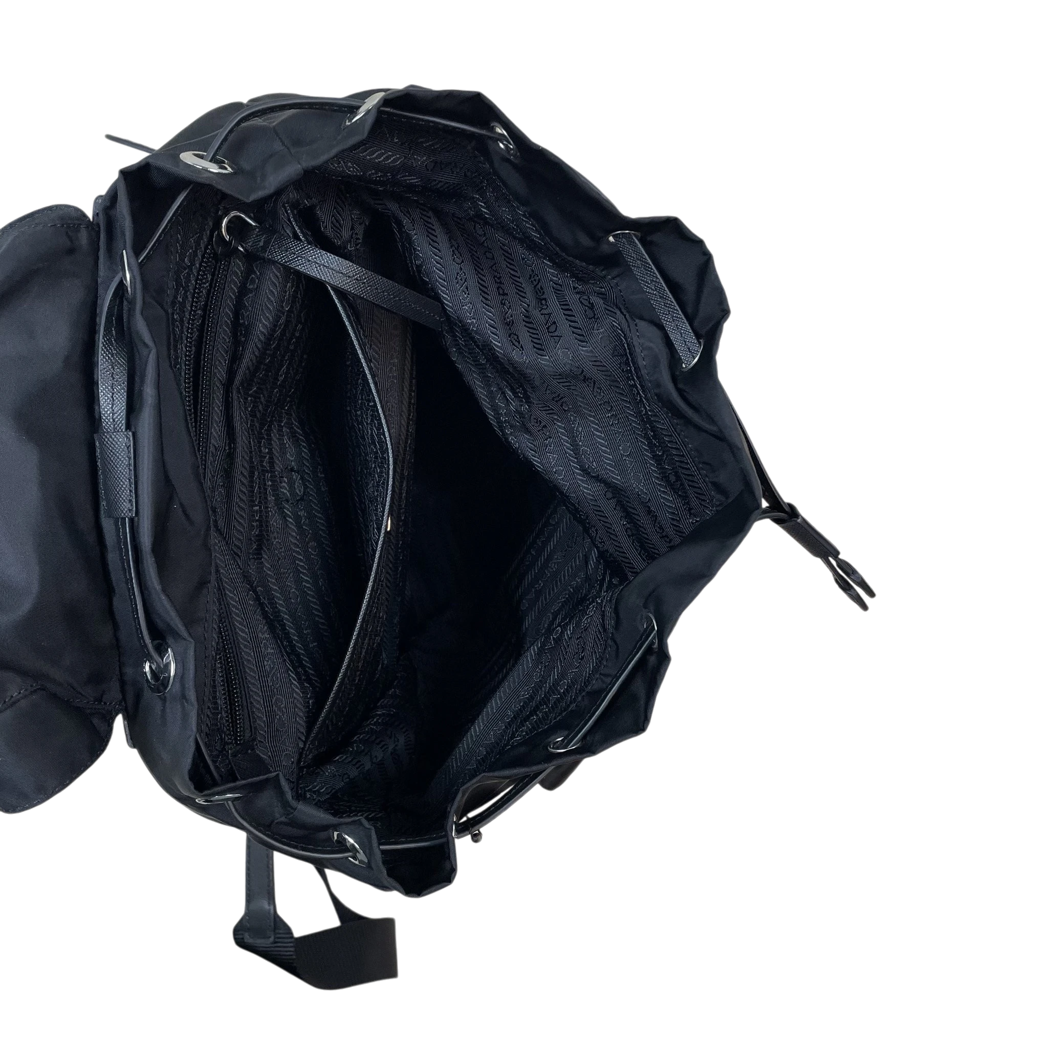 Zenno Archive Prada black nylon backpack with interior logo lining and drawstring closure