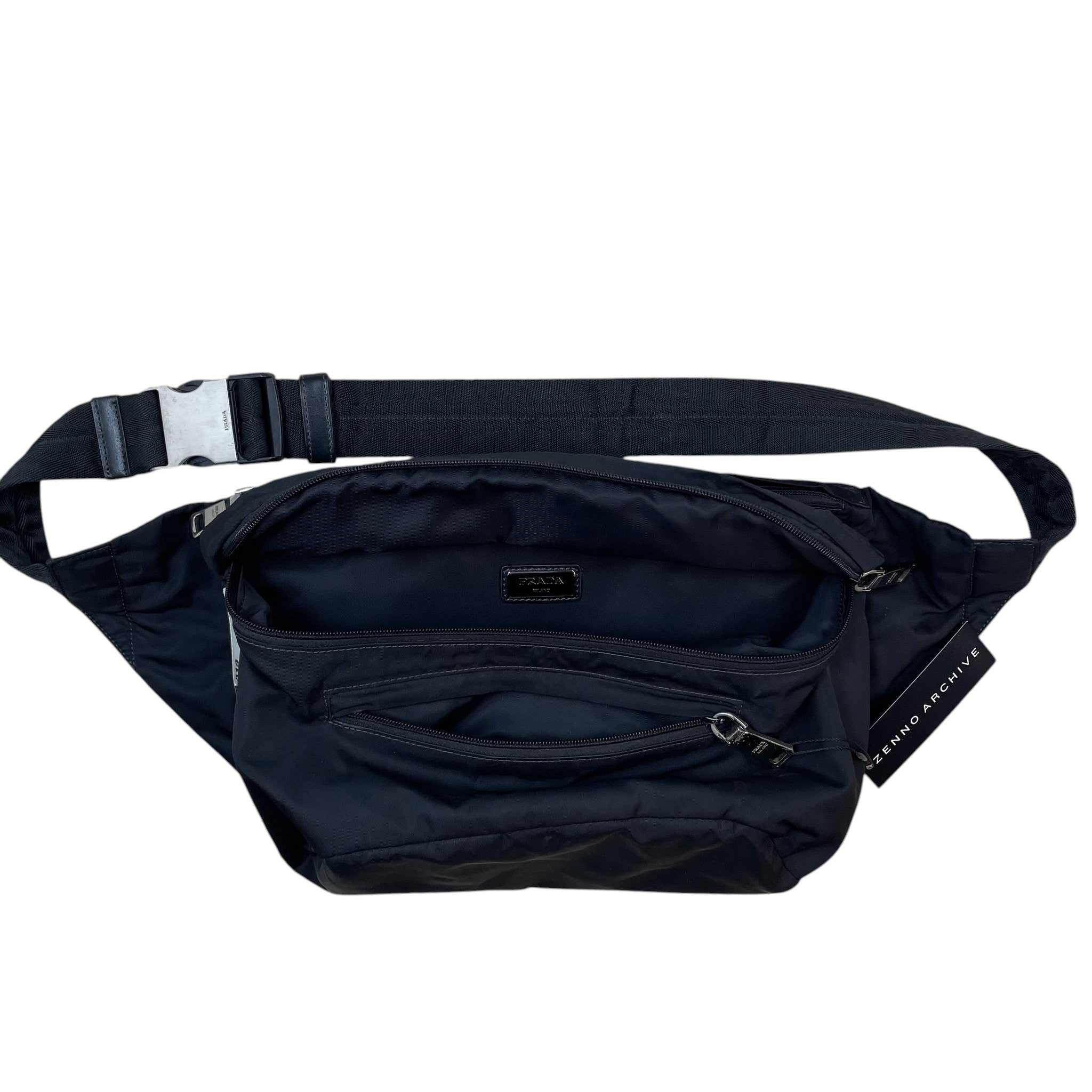 Zenno Archive Prada SS18 black nylon belt bag with adjustable strap and front zipper pocket