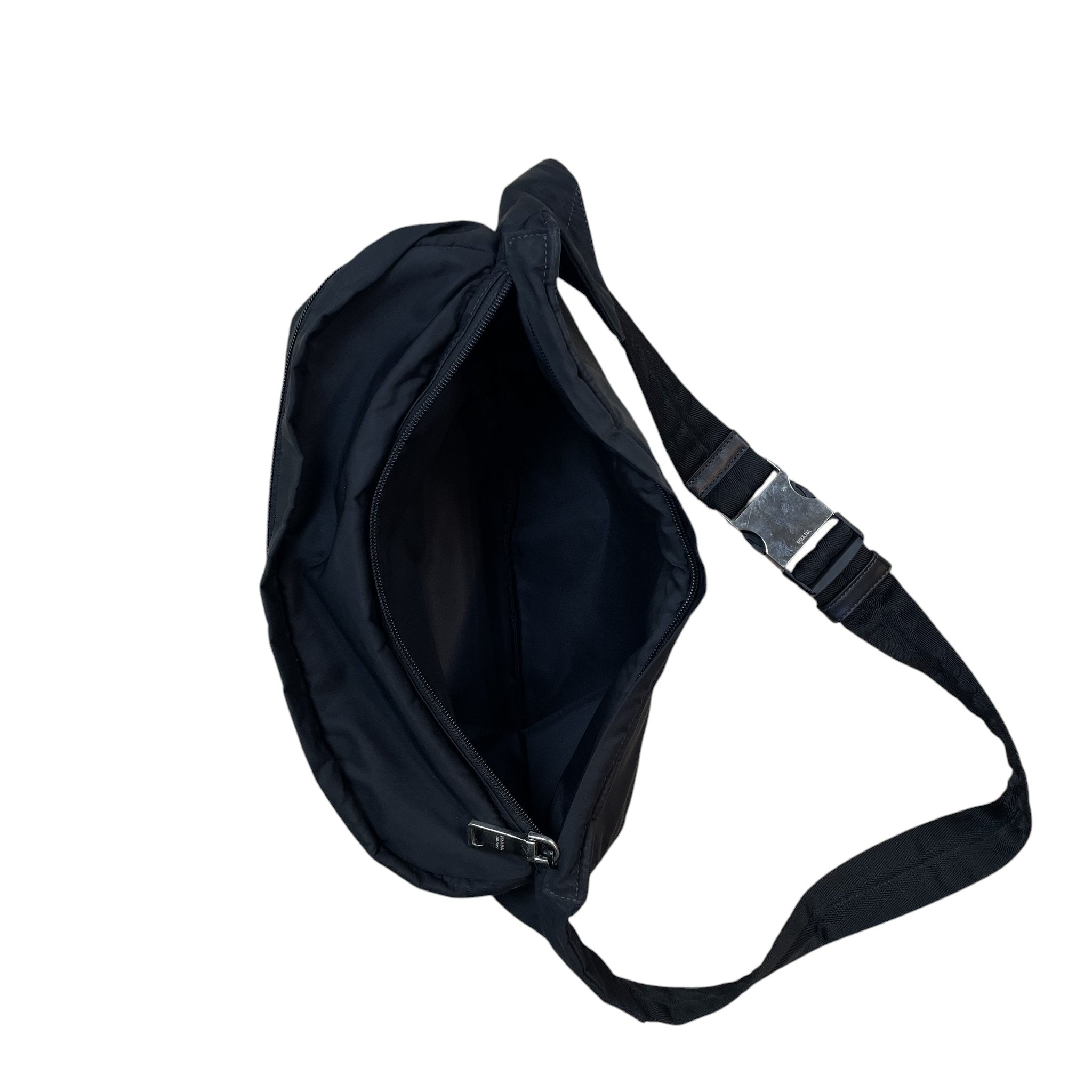 Zenno Archive Prada SS18 black nylon belt bag with an open main compartment and adjustable buckle strap