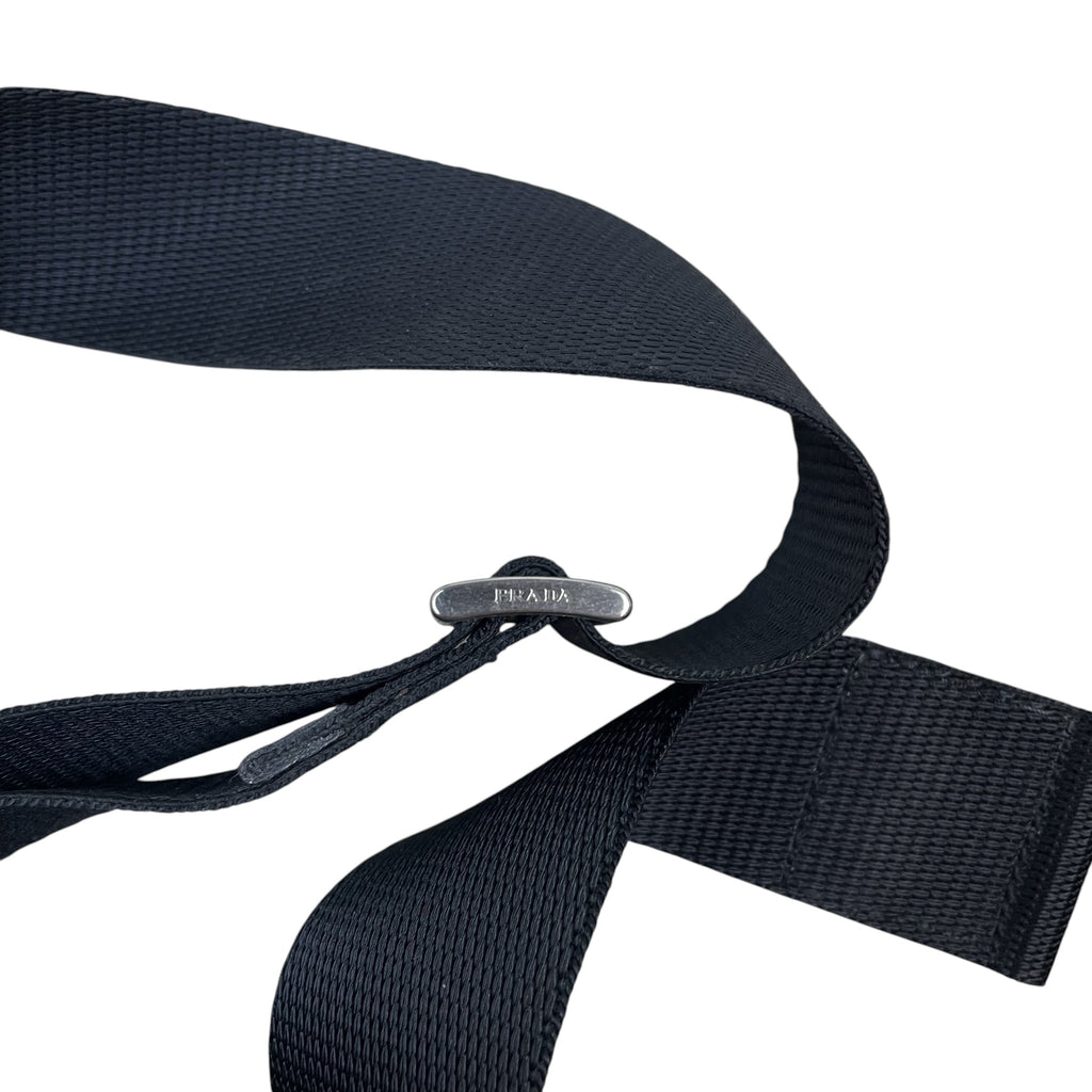 Zenno Archive Prada black nylon crossbody bag strap with branded silver metal hardware detail