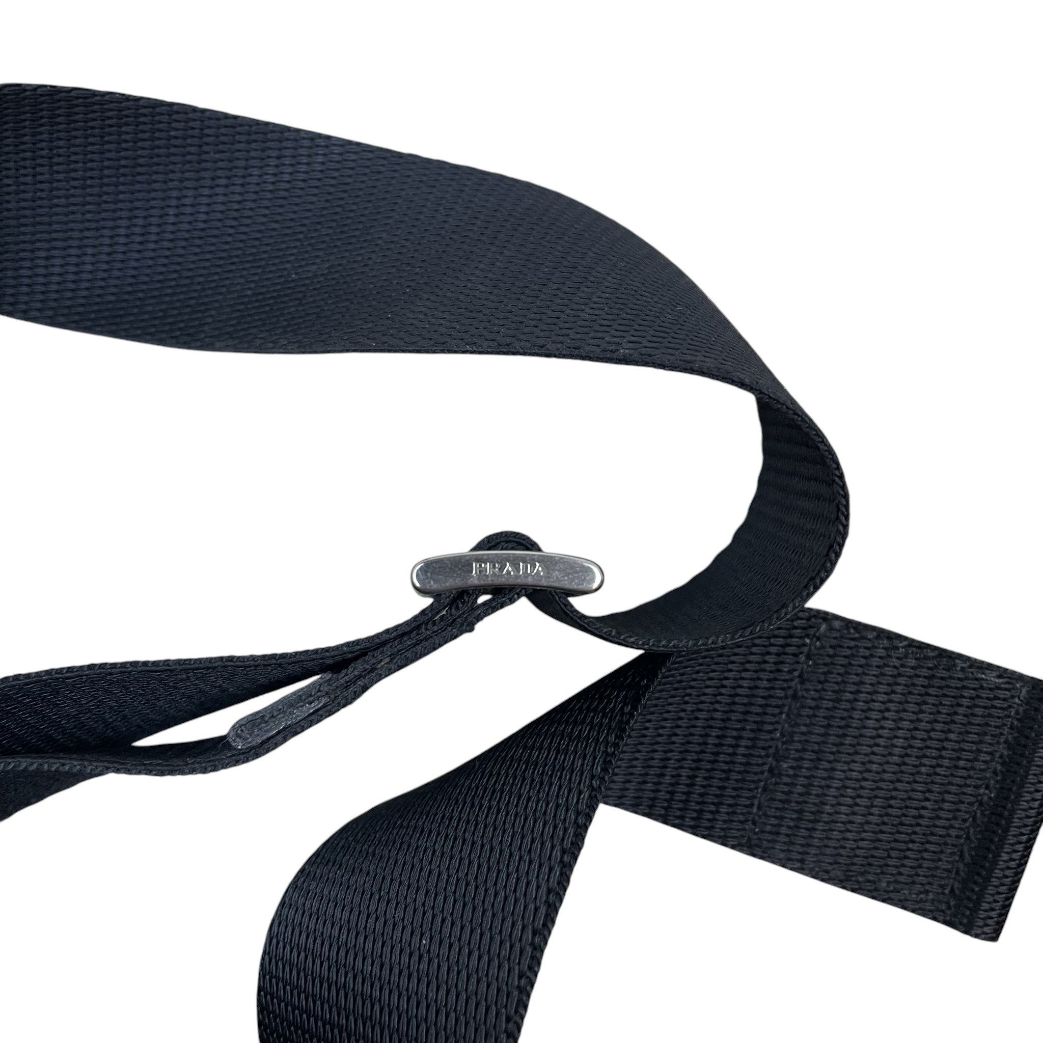 Zenno Archive Prada black nylon crossbody bag strap with branded silver metal hardware detail