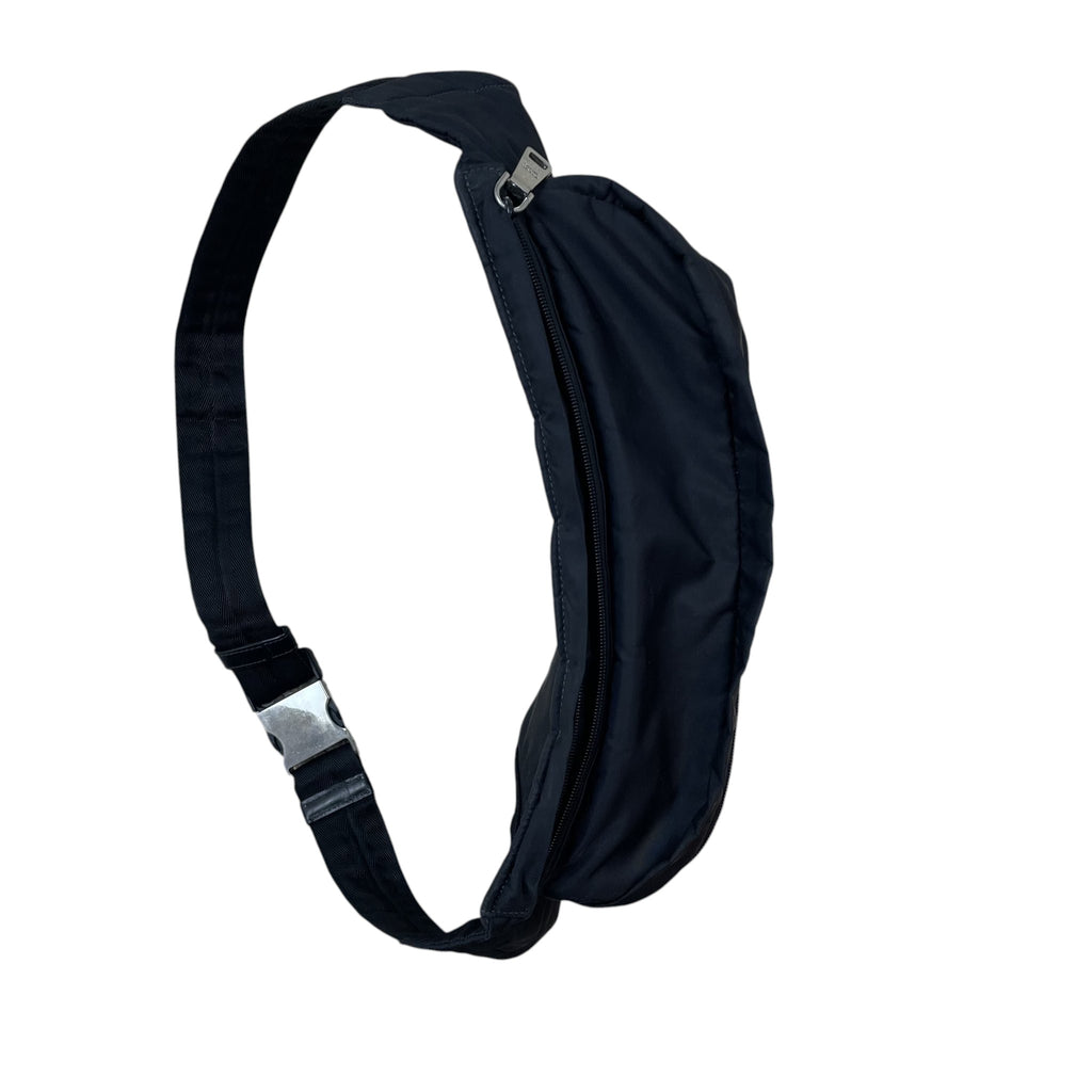 Zenno Archive Prada SS18 018 black nylon belt bag with adjustable strap and silver buckle side view