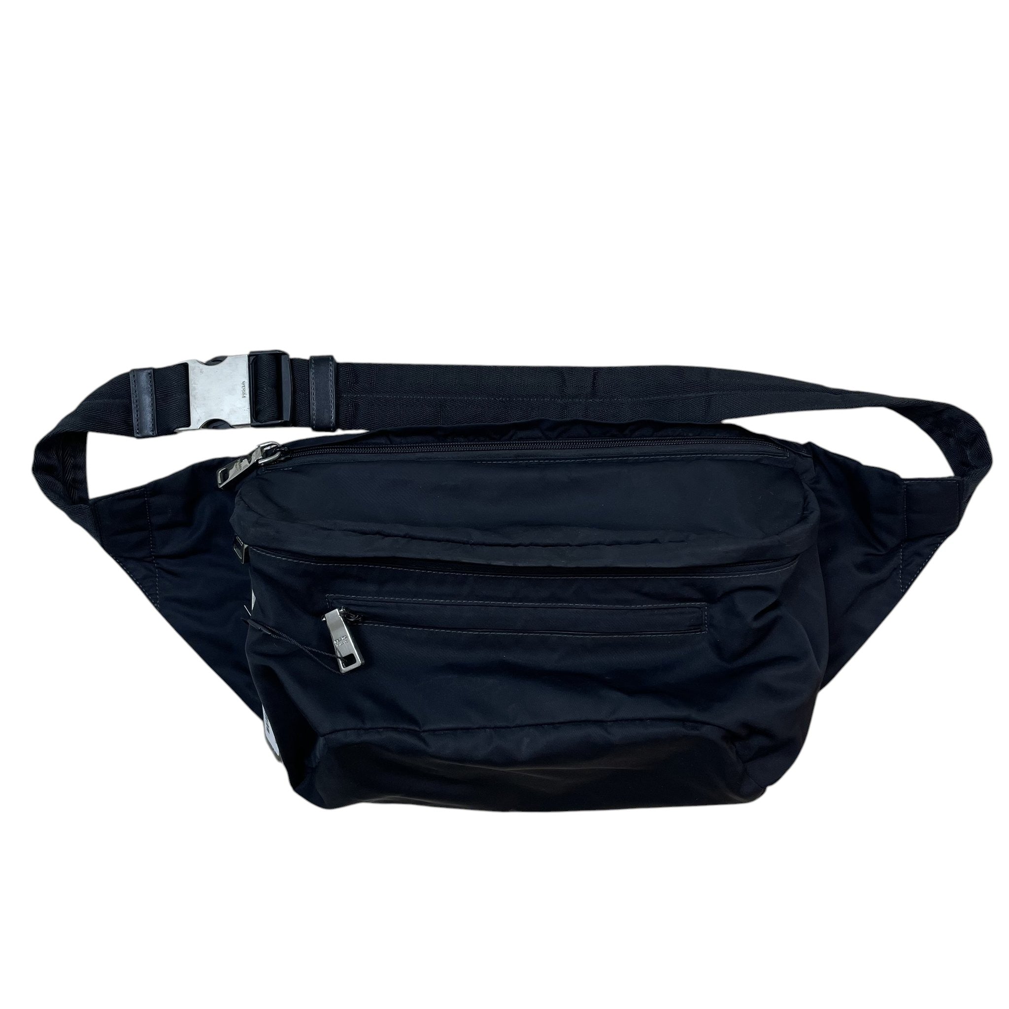 Zenno Archive Prada SS18 black nylon belt bag with silver-tone hardware and adjustable waist strap