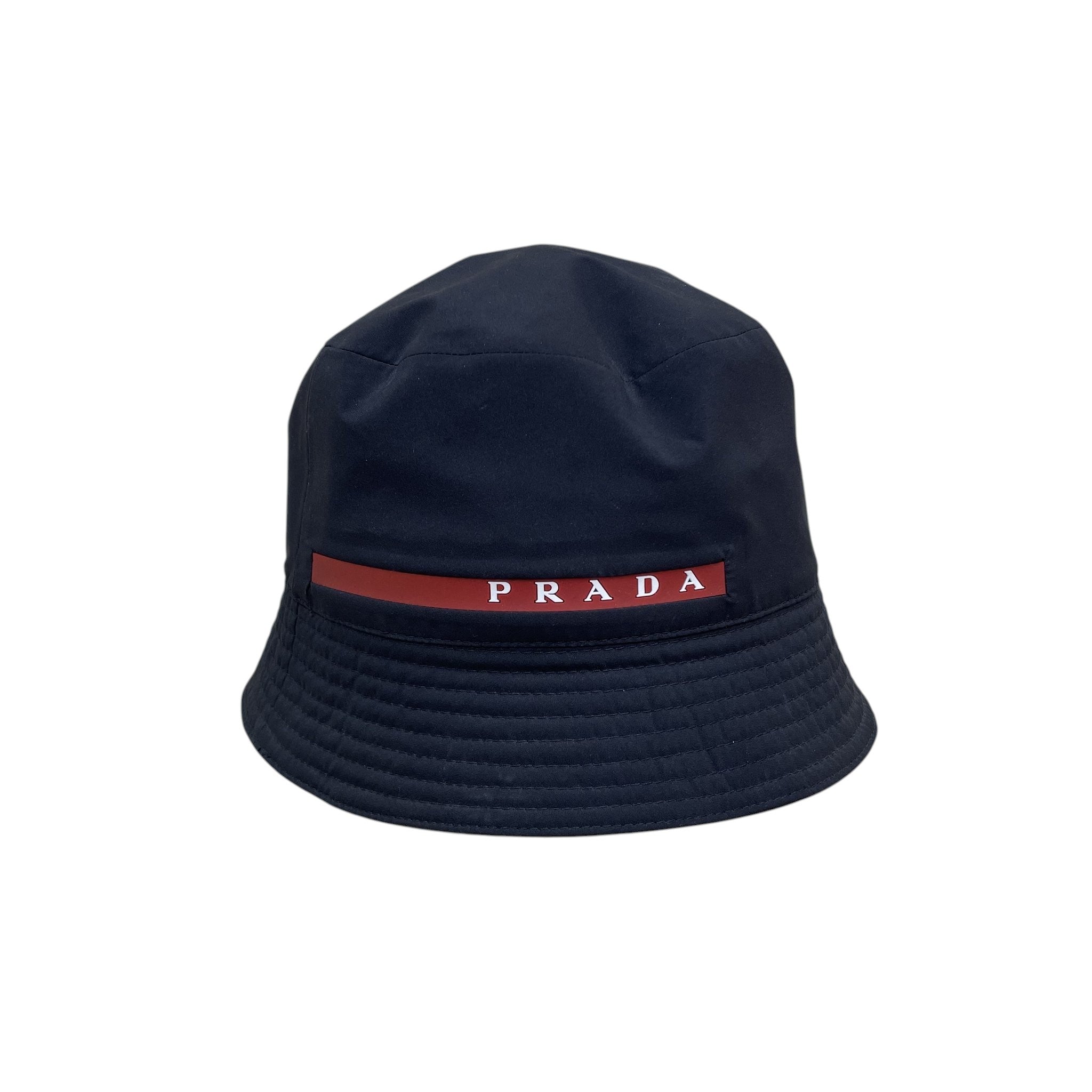 Zenno Archive Prada Linea Rossa black technical nylon bucket hat with a red logo stripe detail
