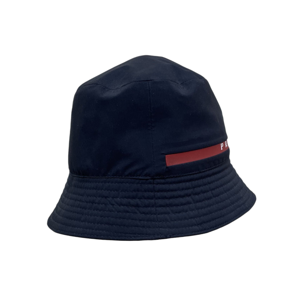 Zenno Archive black Prada Linea Rossa technical nylon bucket hat with signature red stripe logo detail