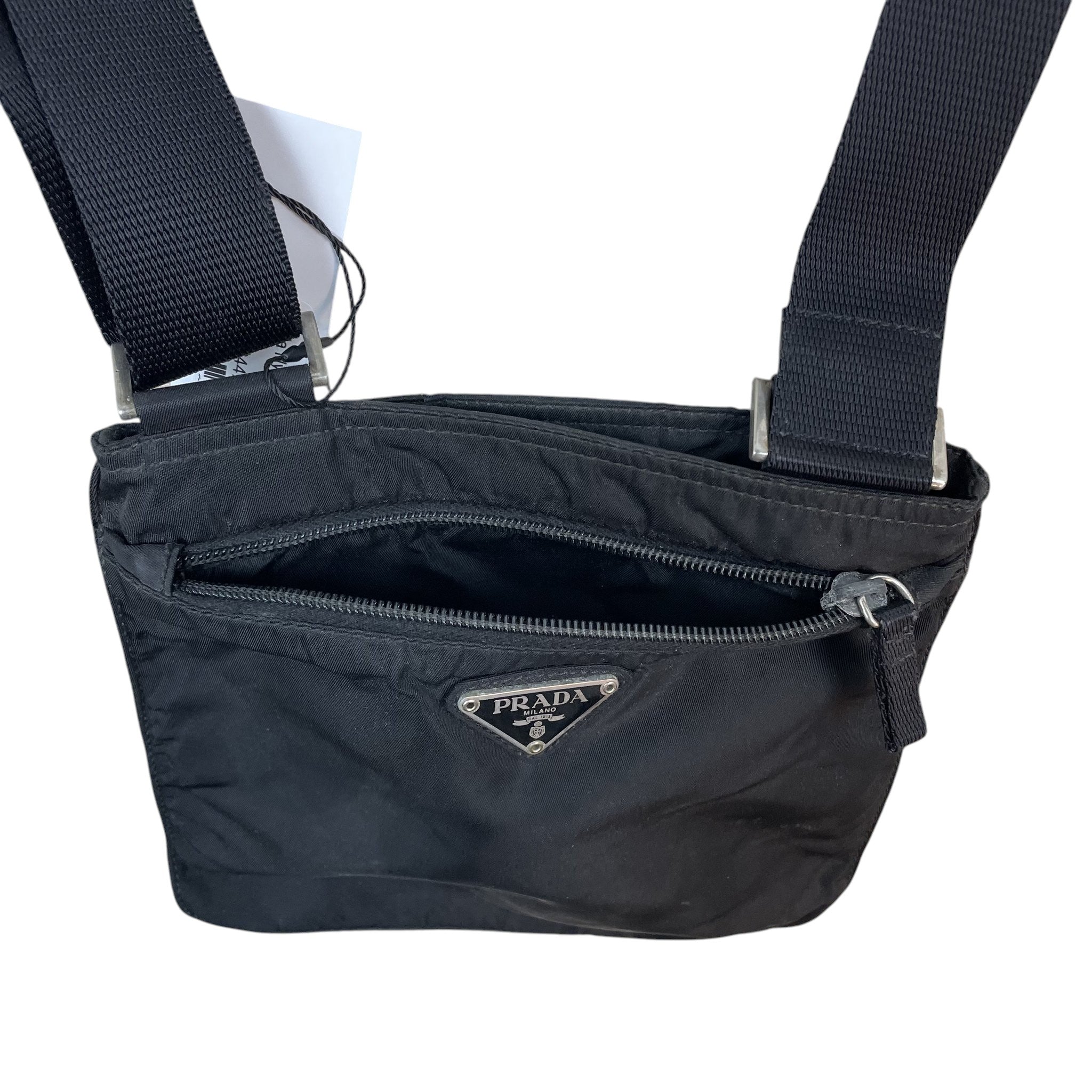 Zenno Archive black Prada Vela nylon crossbody bag with front zip pocket and adjustable strap
