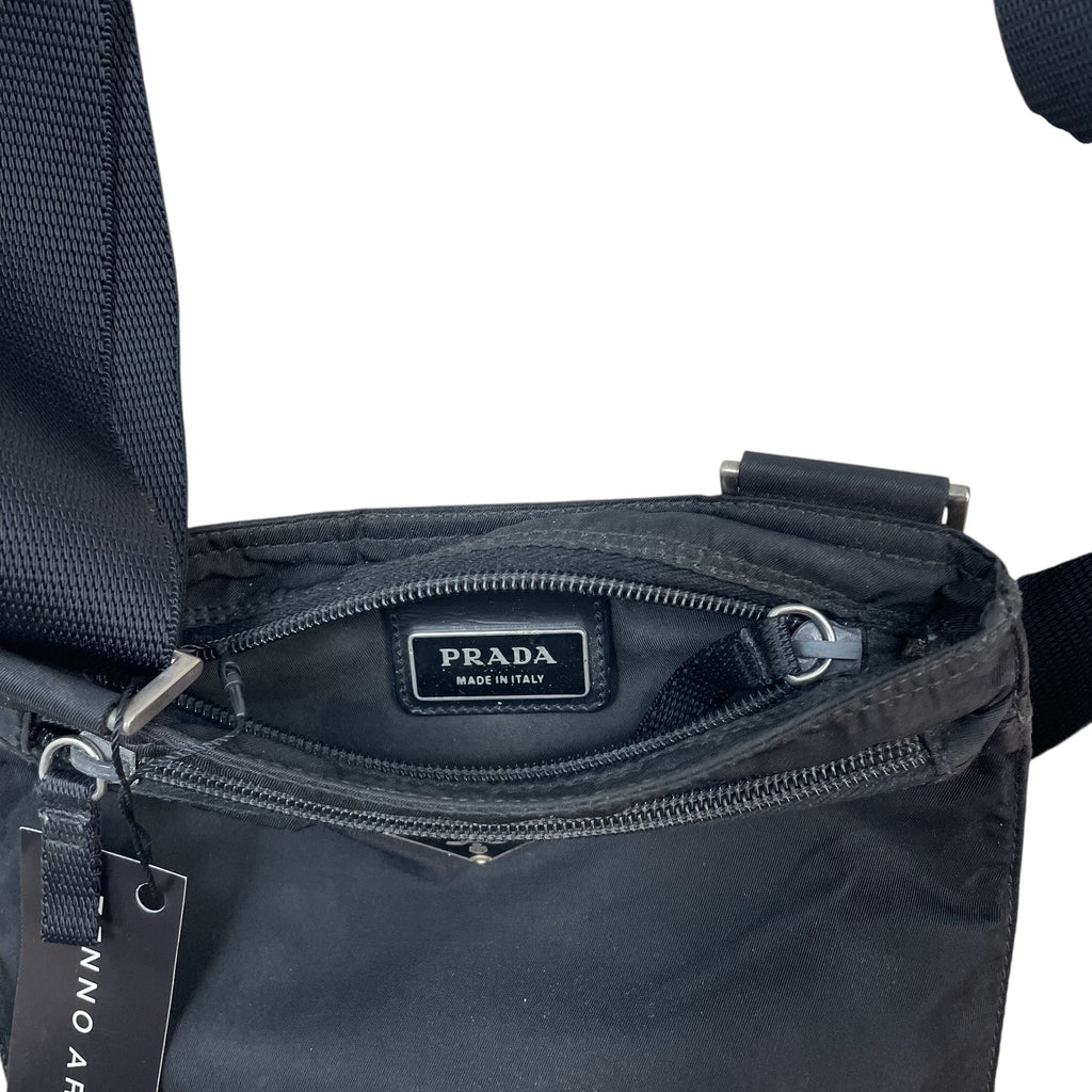Zenno Archive Prada black nylon crossbody bag featuring an interior zipper pocket with Prada Made in Italy label