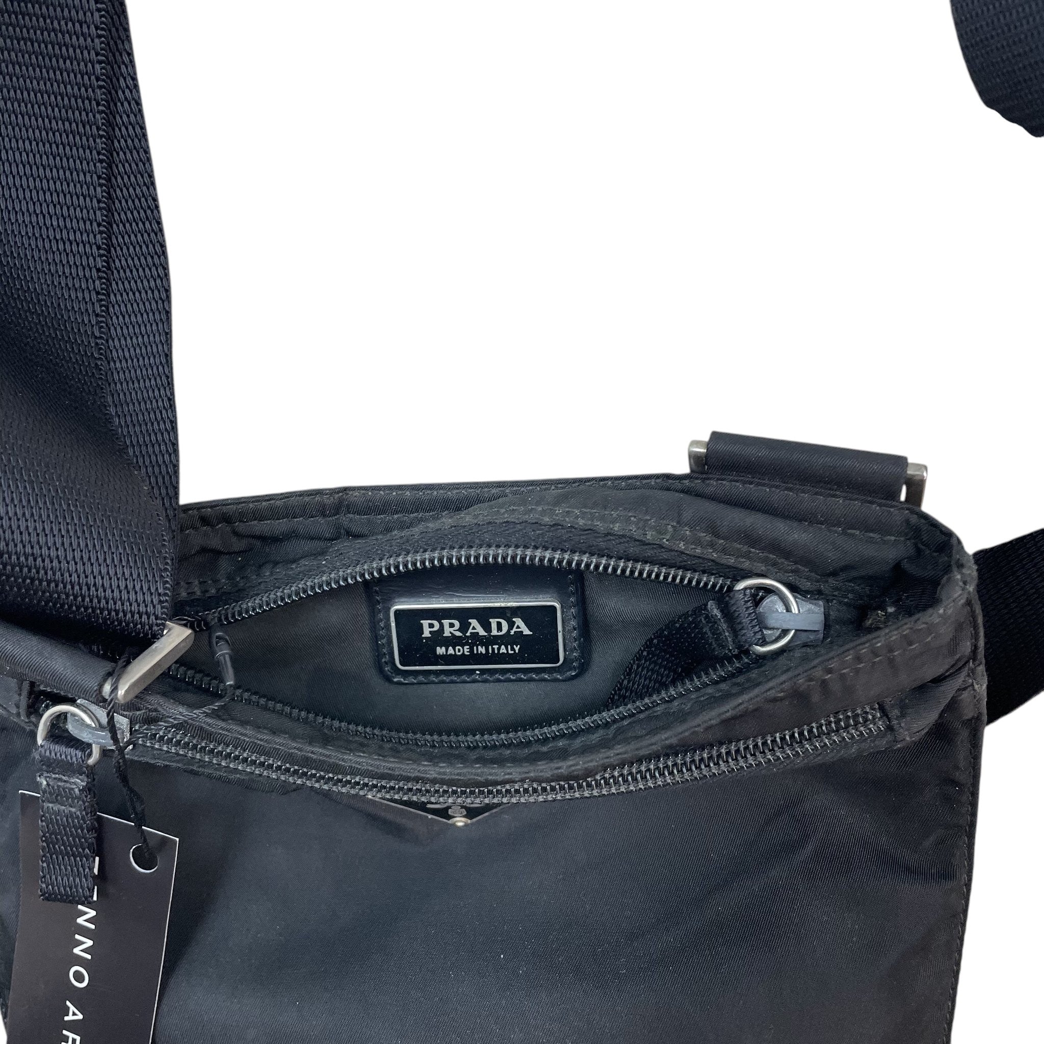 Zenno Archive Prada black nylon crossbody bag featuring an interior zipper pocket with Prada Made in Italy label