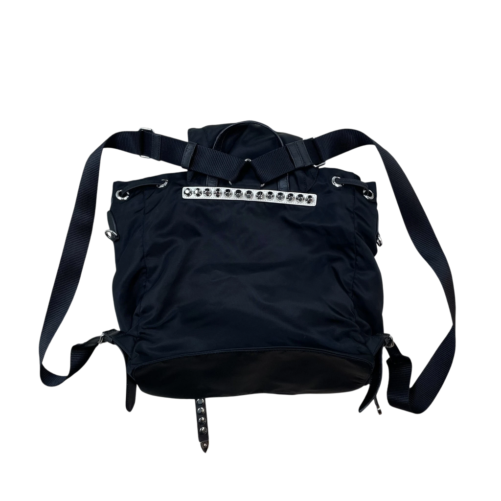 Zenno Archive Prada black nylon backpack featuring silver stud embellishments and adjustable shoulder straps