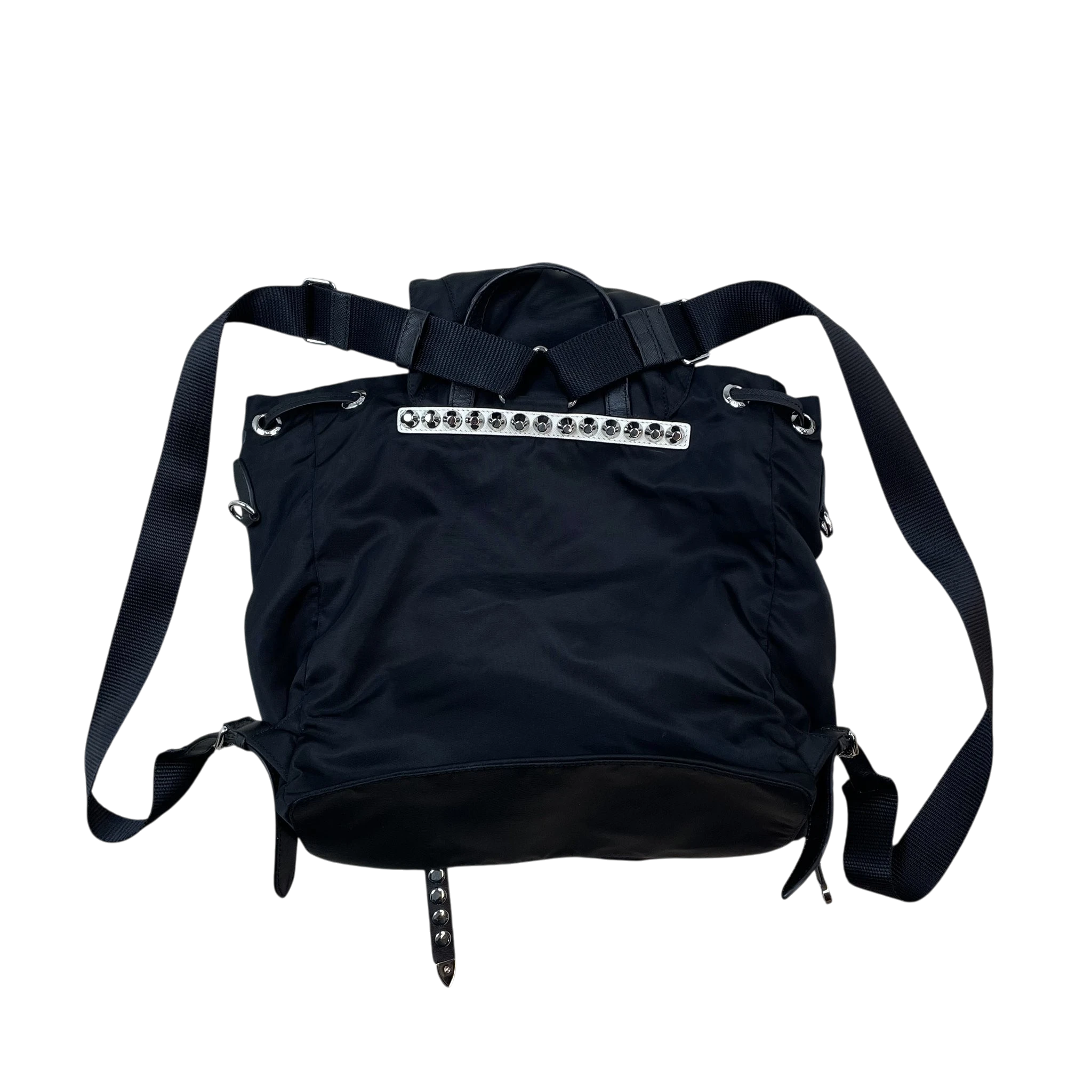 Zenno Archive Prada black nylon backpack featuring silver stud embellishments and adjustable shoulder straps