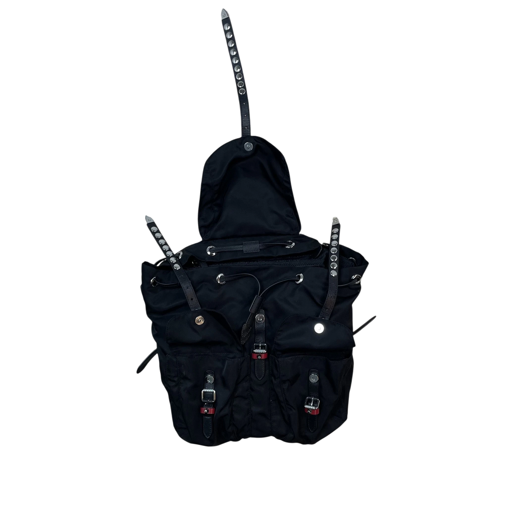Zenno Archive black Prada nylon backpack featuring silver studded leather straps and dual front pockets