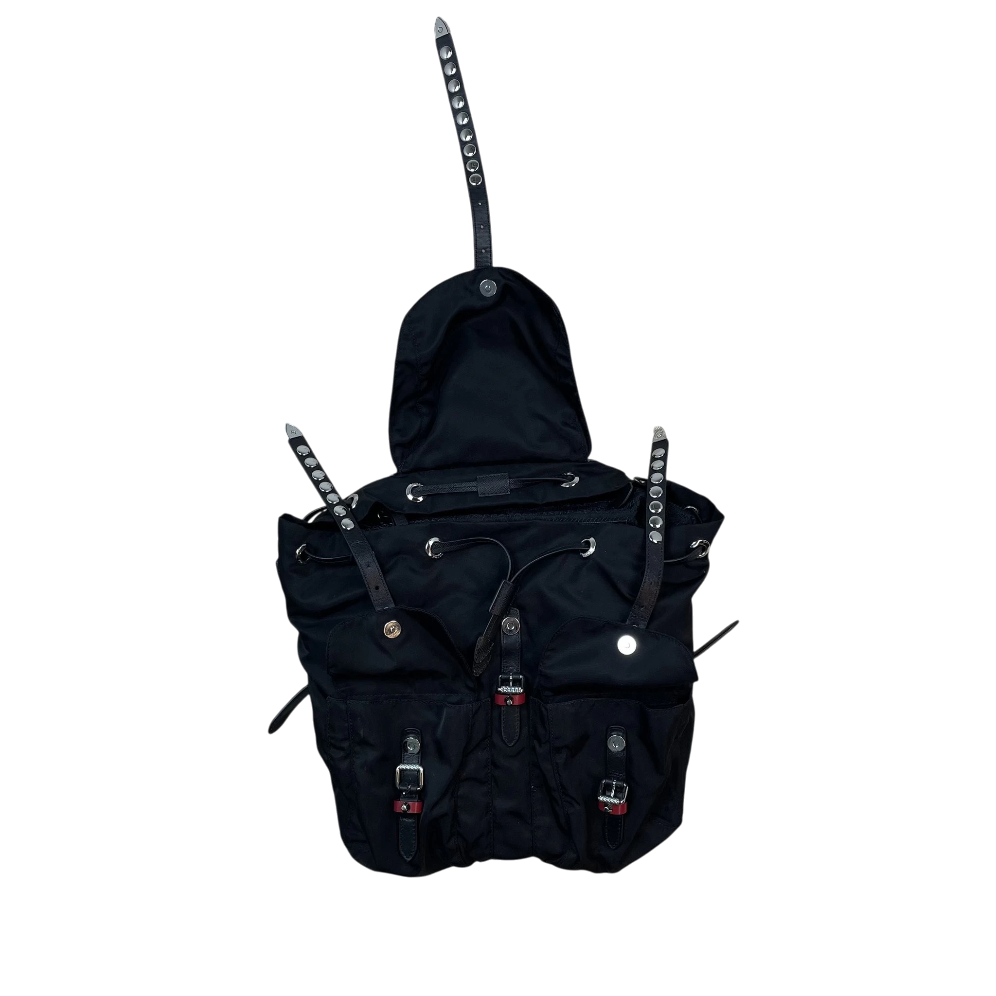 Zenno Archive black Prada nylon backpack featuring silver studded leather straps and dual front pockets