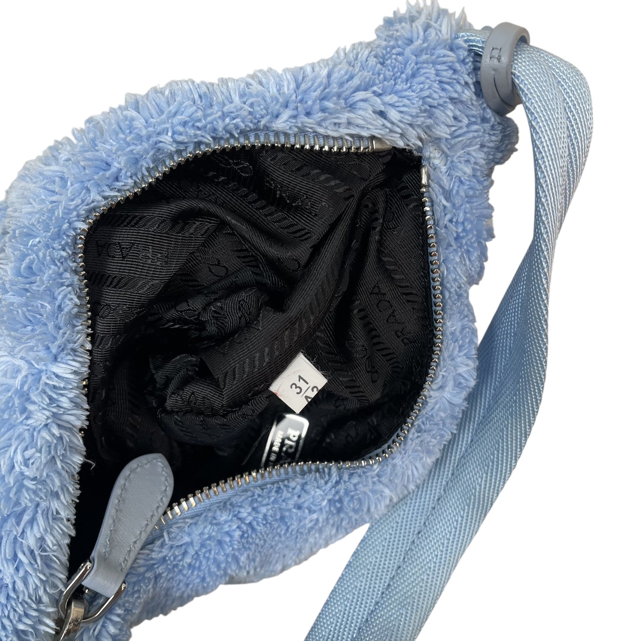 Zenno Archive Prada Re-Edition 2000 mini bag in baby blue terry cloth with black logo interior lining