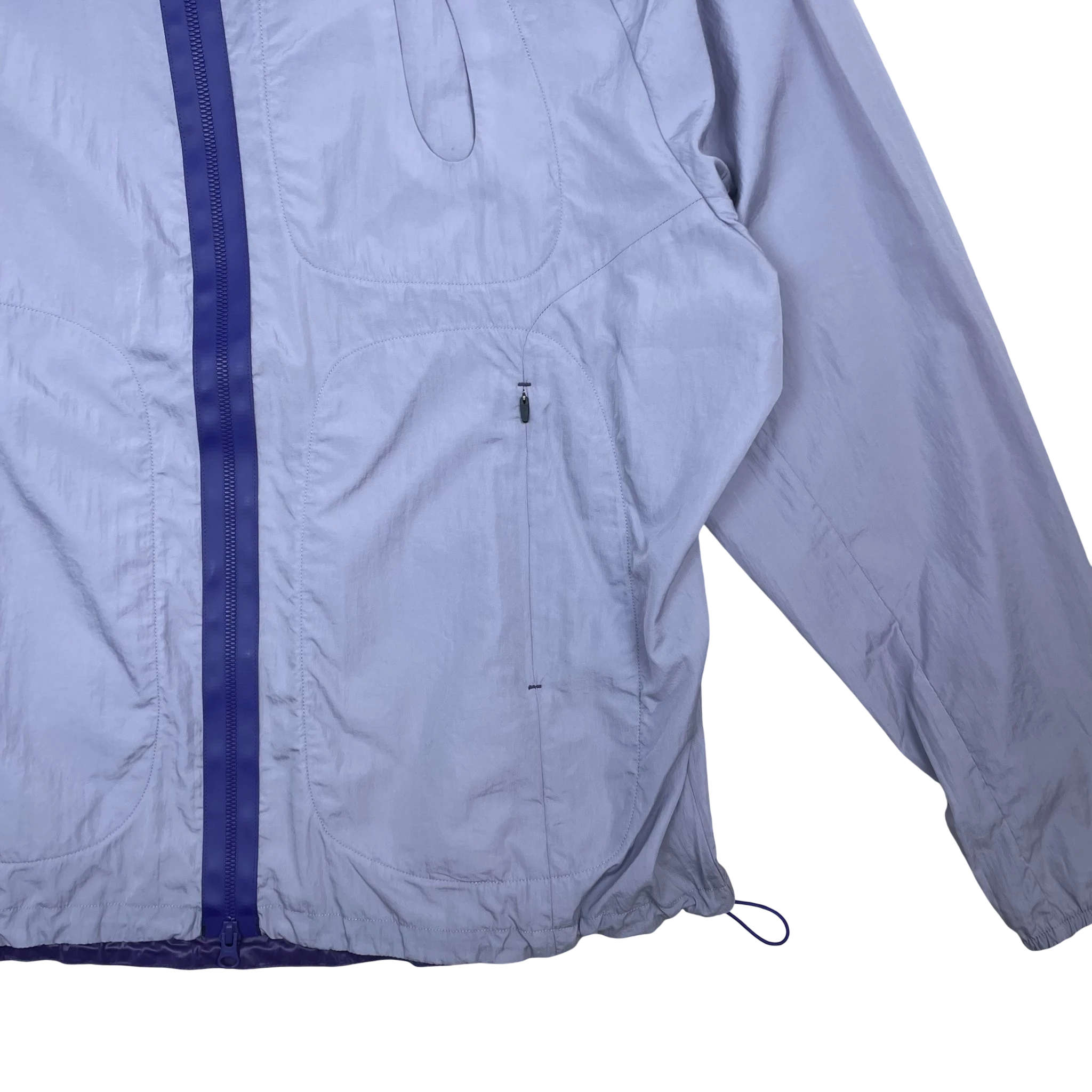 Zenno Archive purple nylon hooded jacket with a contrasting dark purple zipper and front pockets.