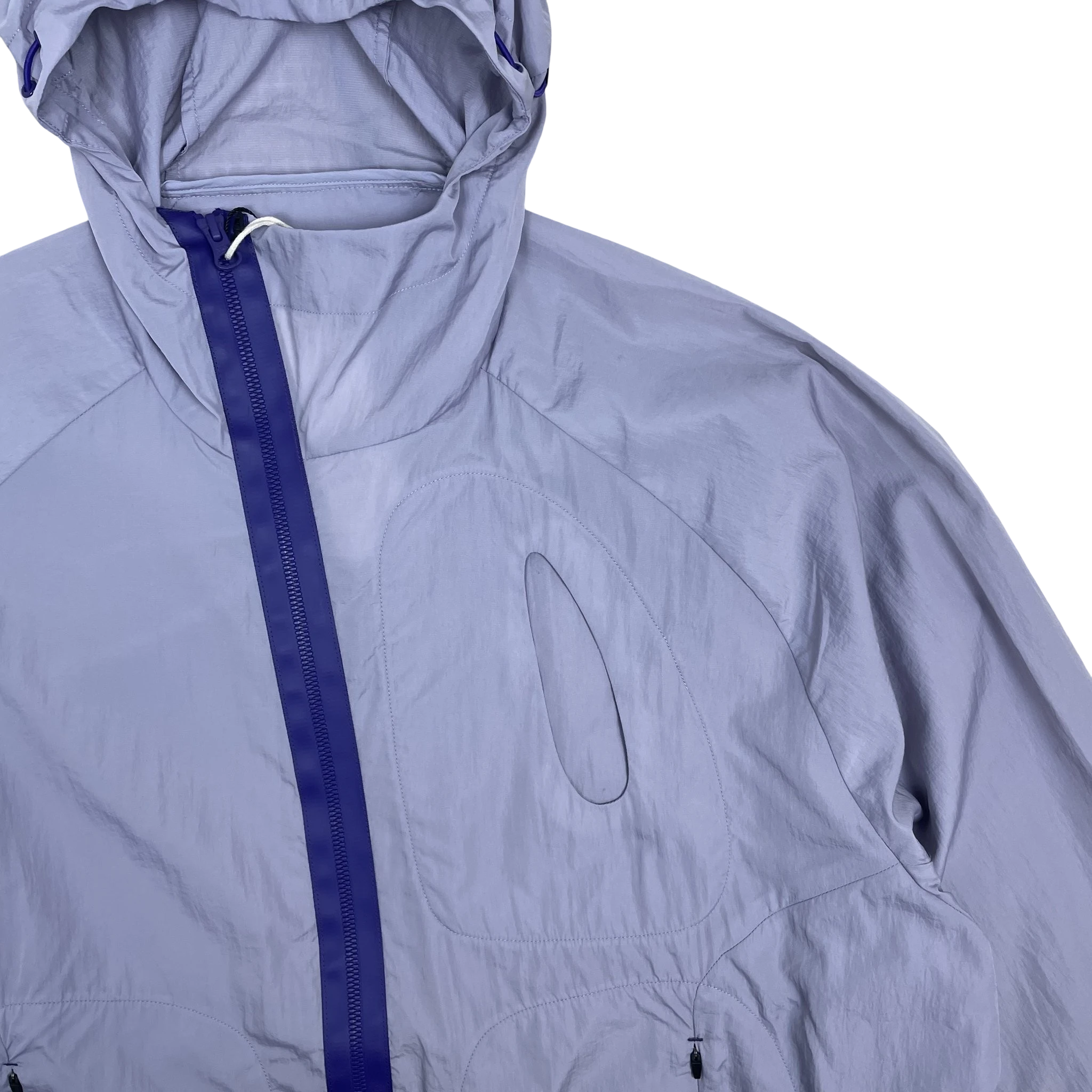 Zenno Archive Office H purple nylon hooded jacket with a dark purple taped zipper and chest pocket detail.
