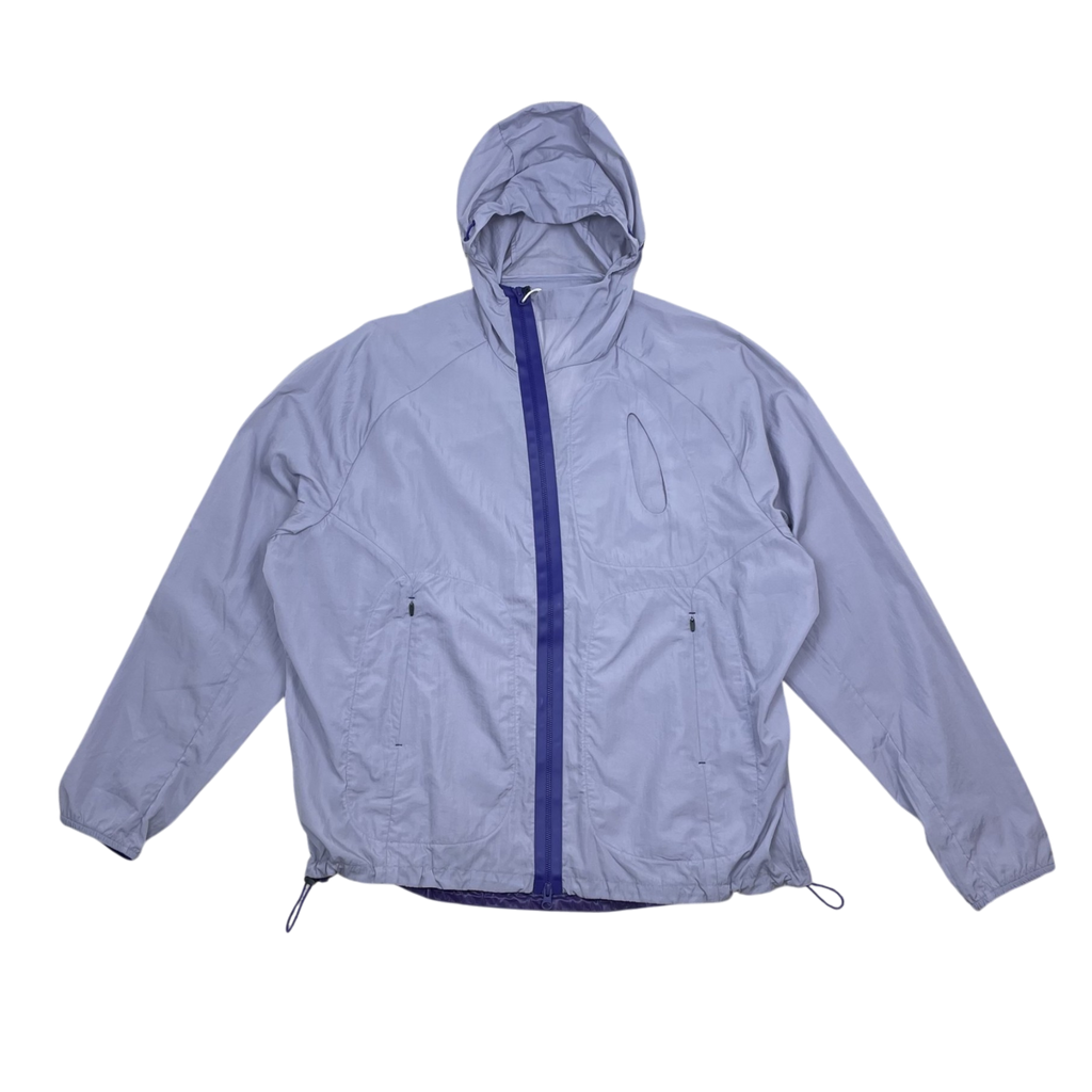 Zenno Archive purple nylon hooded jacket with a contrasting dark blue front zipper and adjustable hem drawstrings.