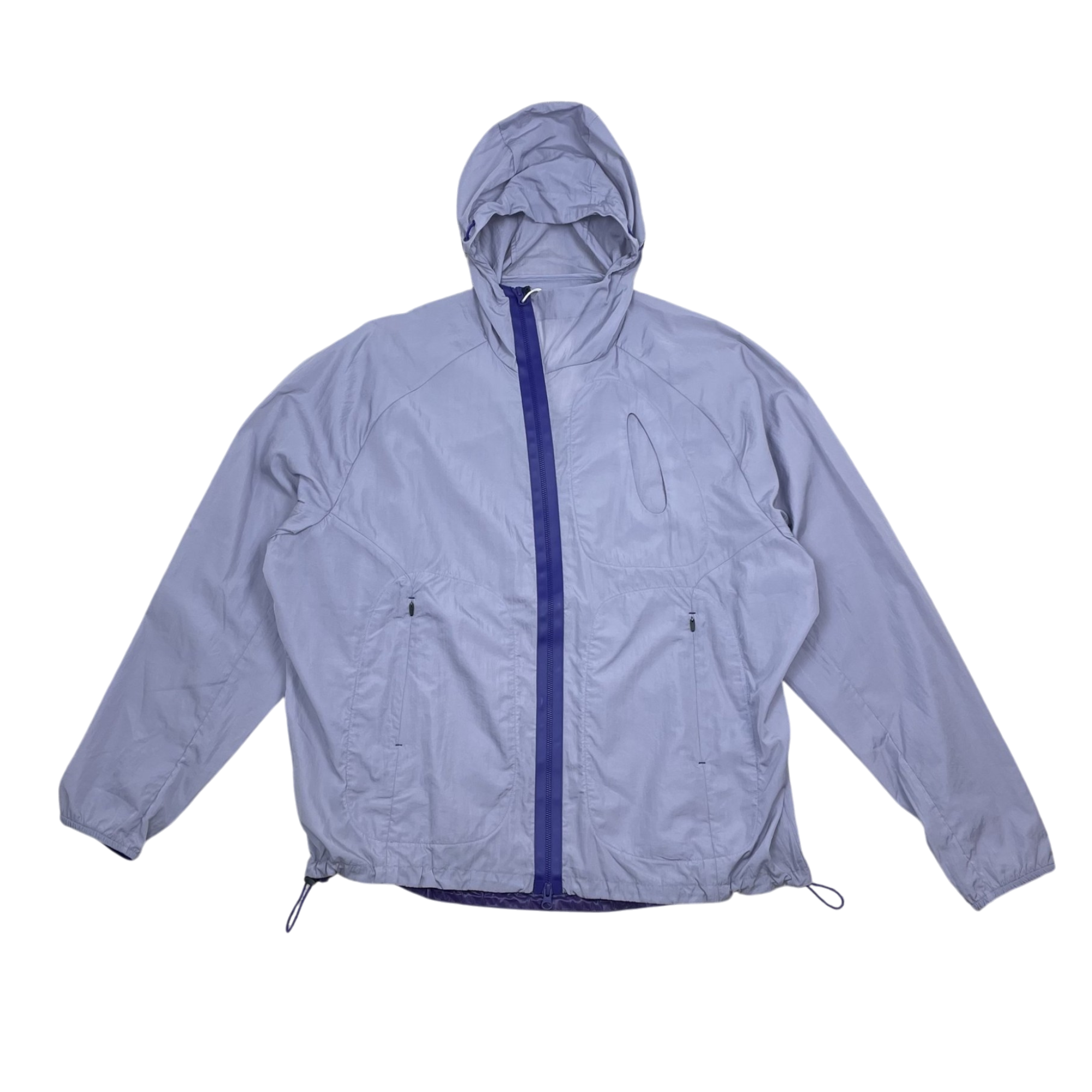 Zenno Archive purple nylon hooded jacket with a contrasting dark blue front zipper and adjustable hem drawstrings.