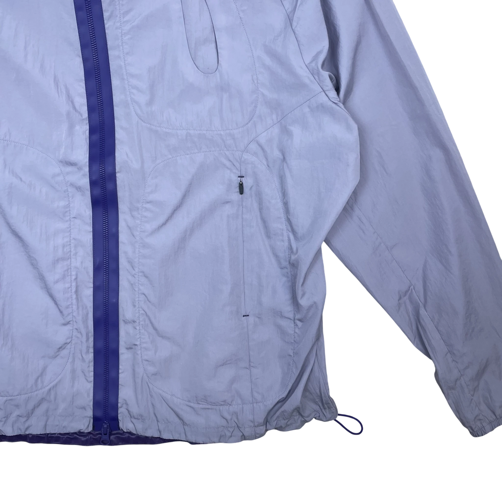 Zenno Archive Office H nylon hooded jacket in light purple with a dark purple zipper and drawstring hem