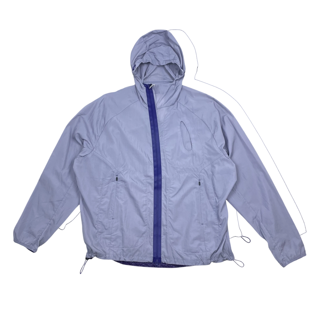 Zenno Archive Office H nylon hooded jacket in light purple with a contrasting dark purple zipper and chest pocket