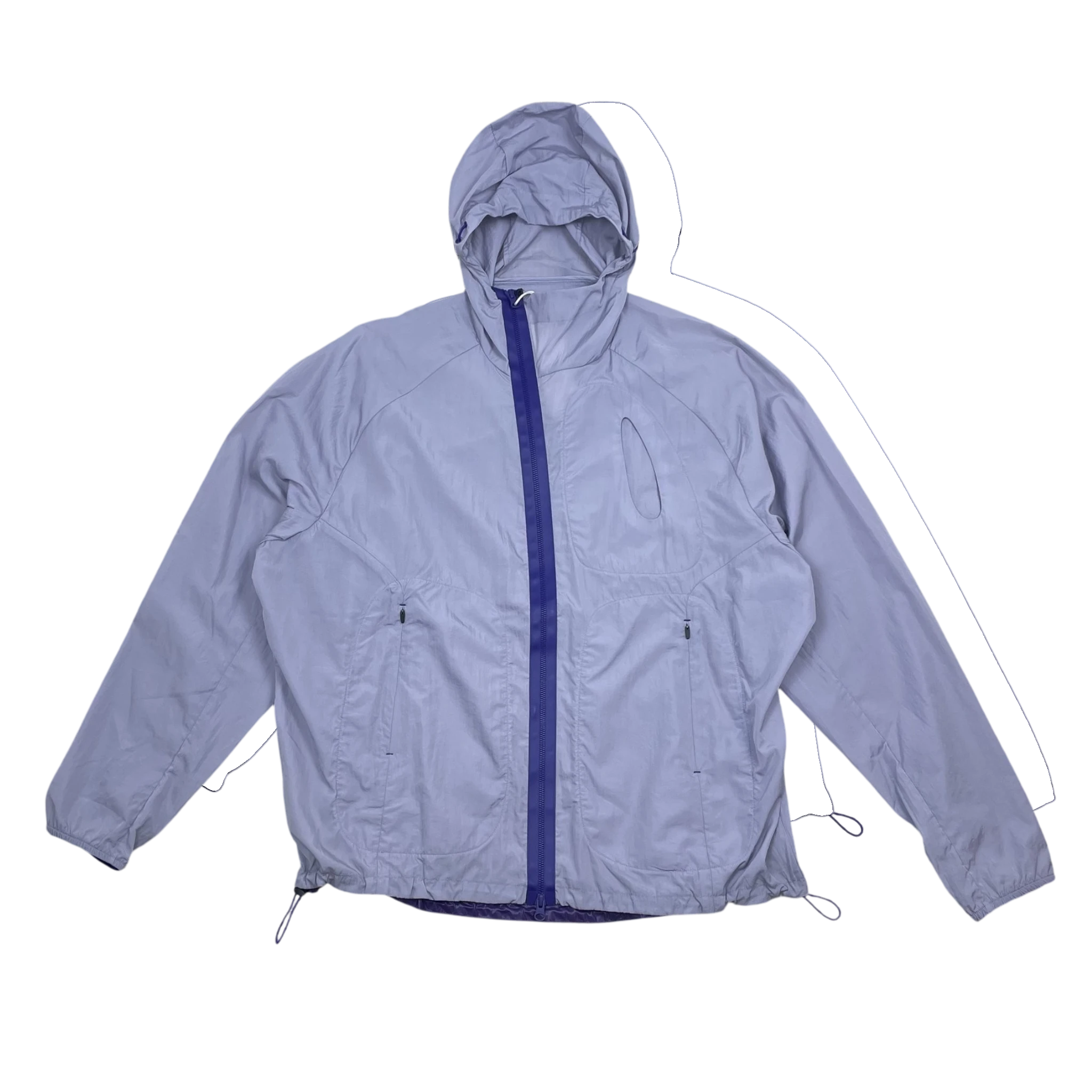 Zenno Archive Office H nylon hooded jacket in light purple with a contrasting dark purple zipper and chest pocket