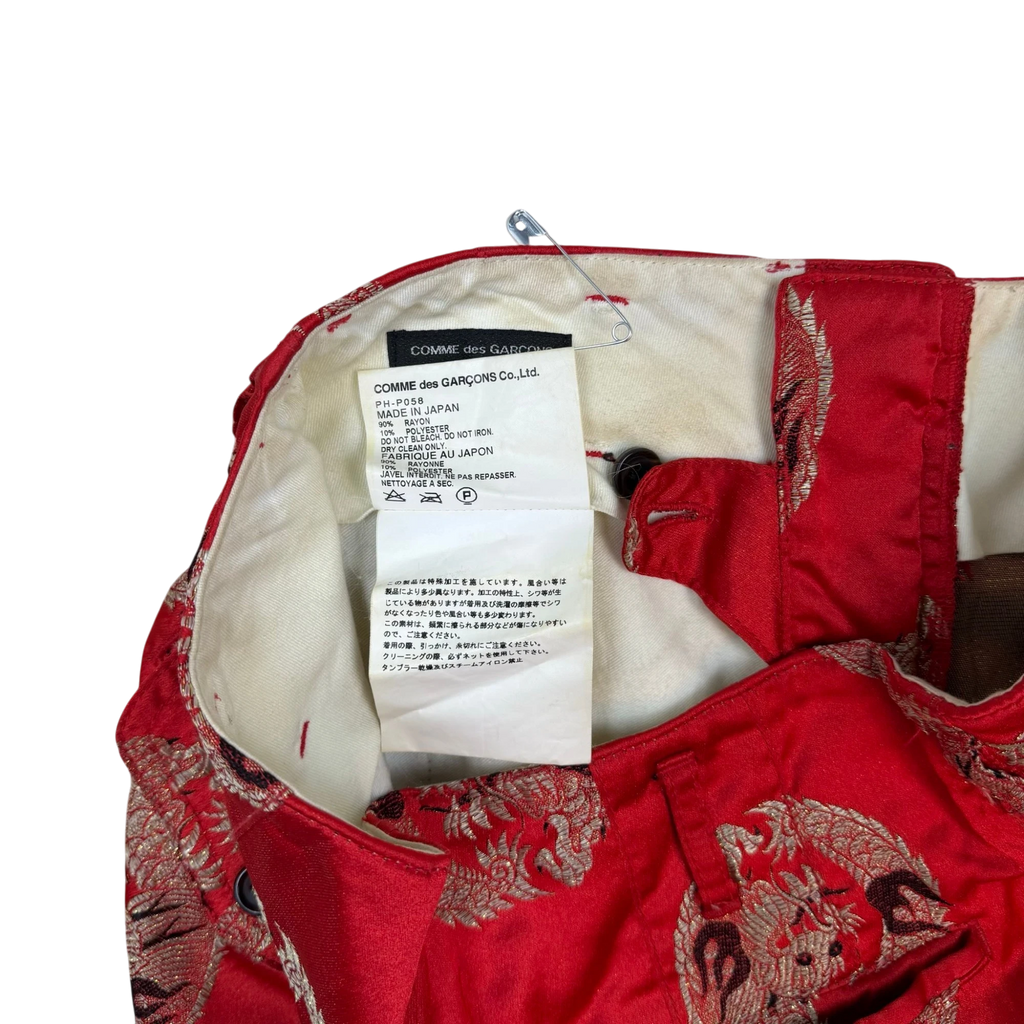 Zenno Archive Comme Des Garçons Homme Plus AW11 red satin pants with gold embroidered dragon print and interior tag