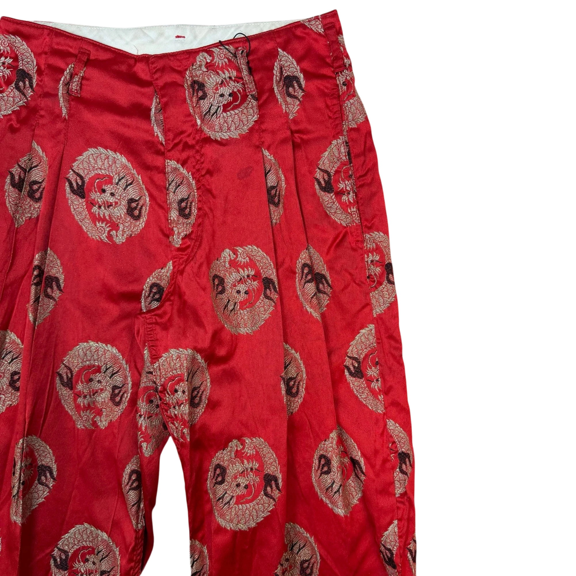 Zenno Archive Comme Des Garçons Homme Plus red satin trousers featuring an intricate gold embroidered dragon print.