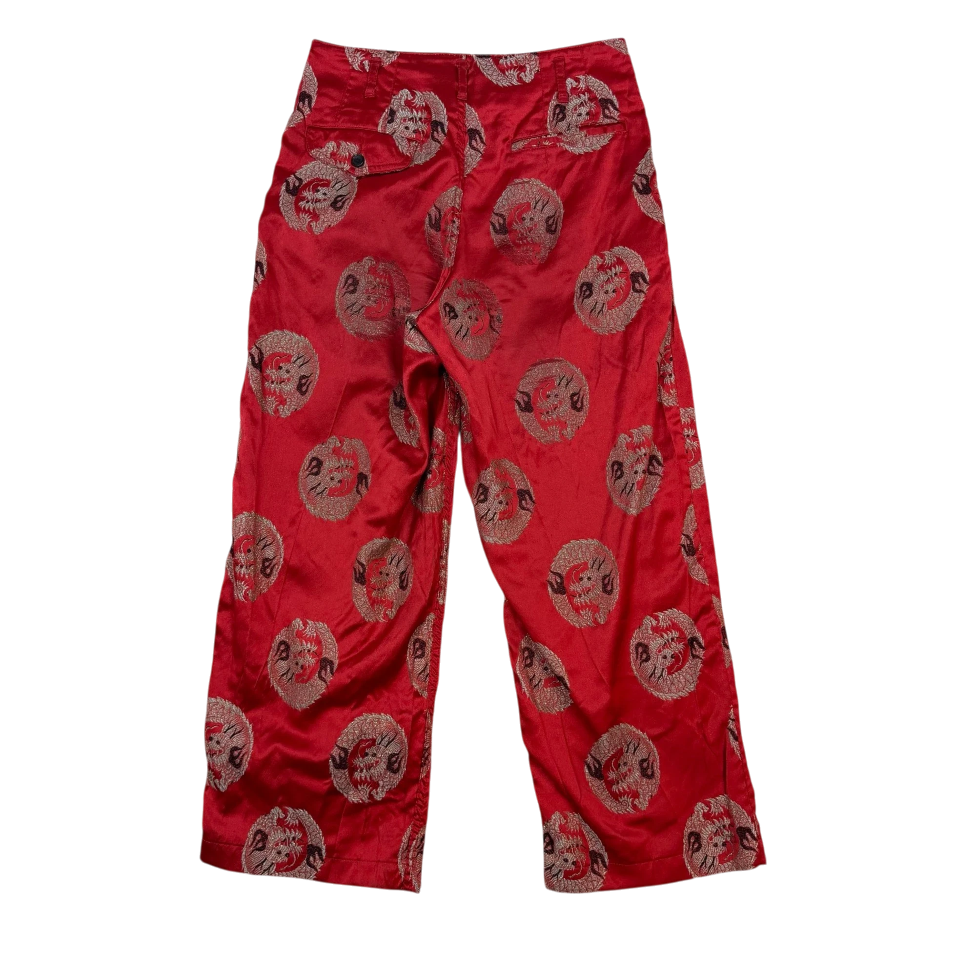 Zenno Archive Comme Des Garçons Homme Plus red satin pants featuring an intricate embroidered dragon print pattern.