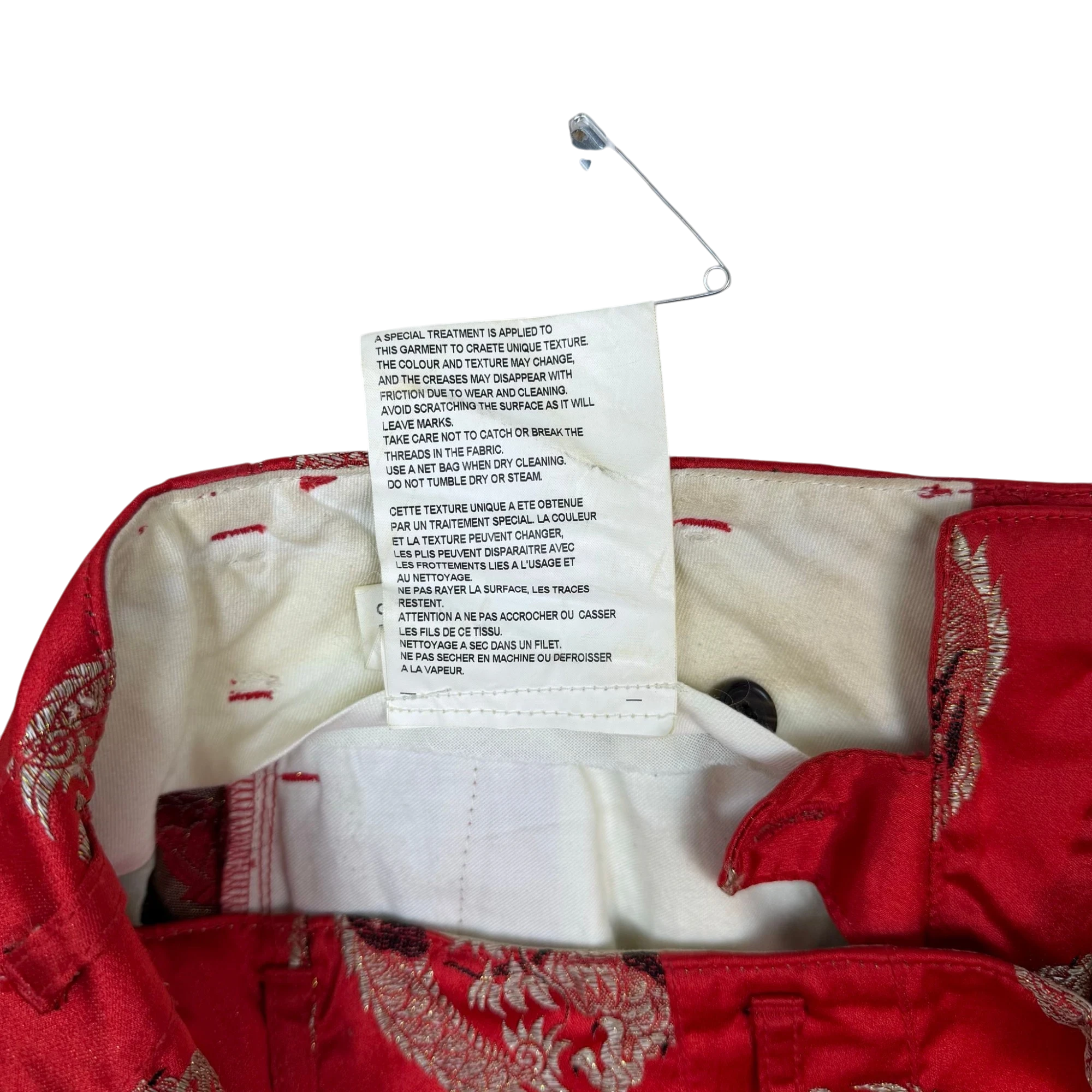 Zenno Archive Comme Des Garçons Homme Plus red satin pants interior care label with dragon embroidery detail